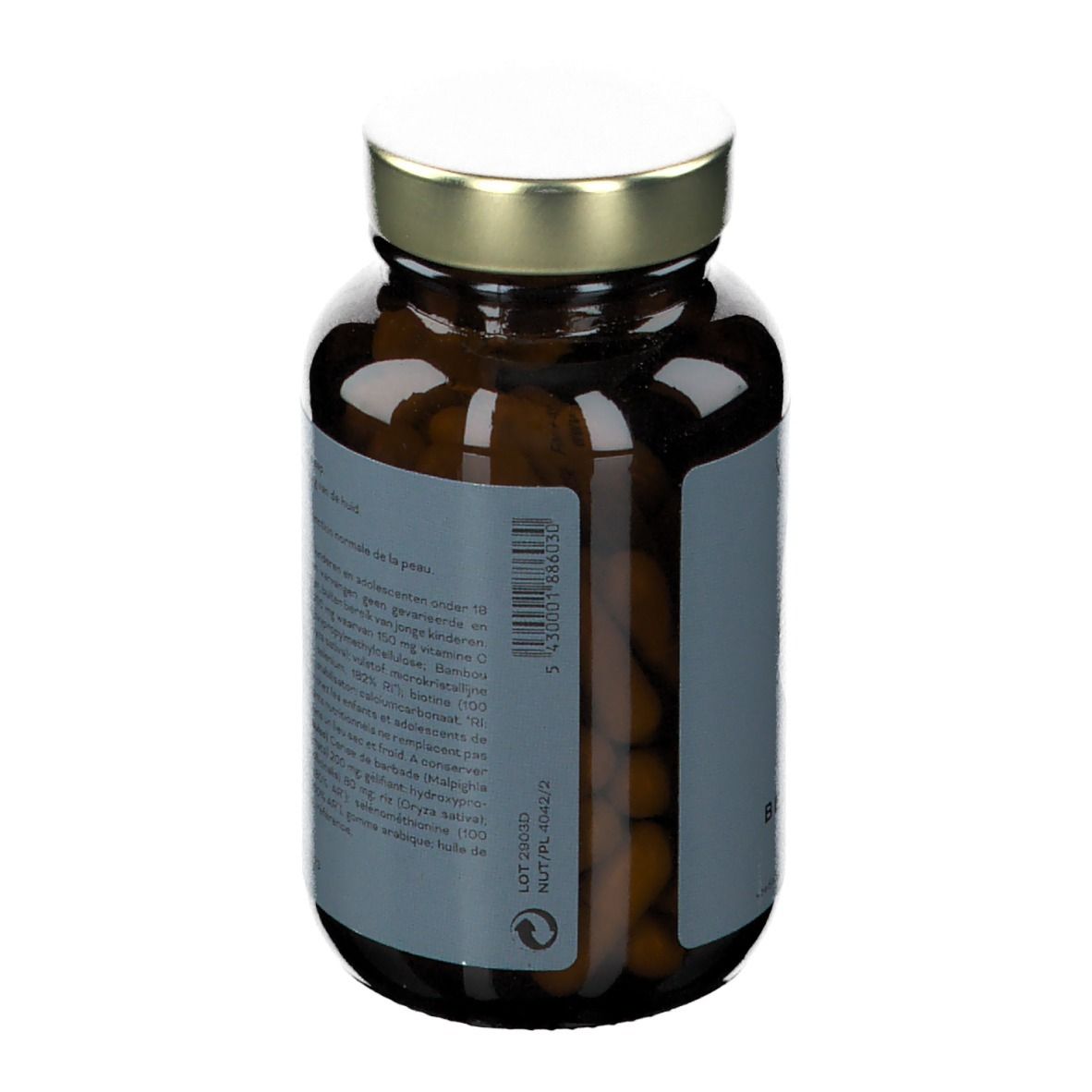 Bruine glazen fles met capsules. Tekst op etiket. Gouden dop.