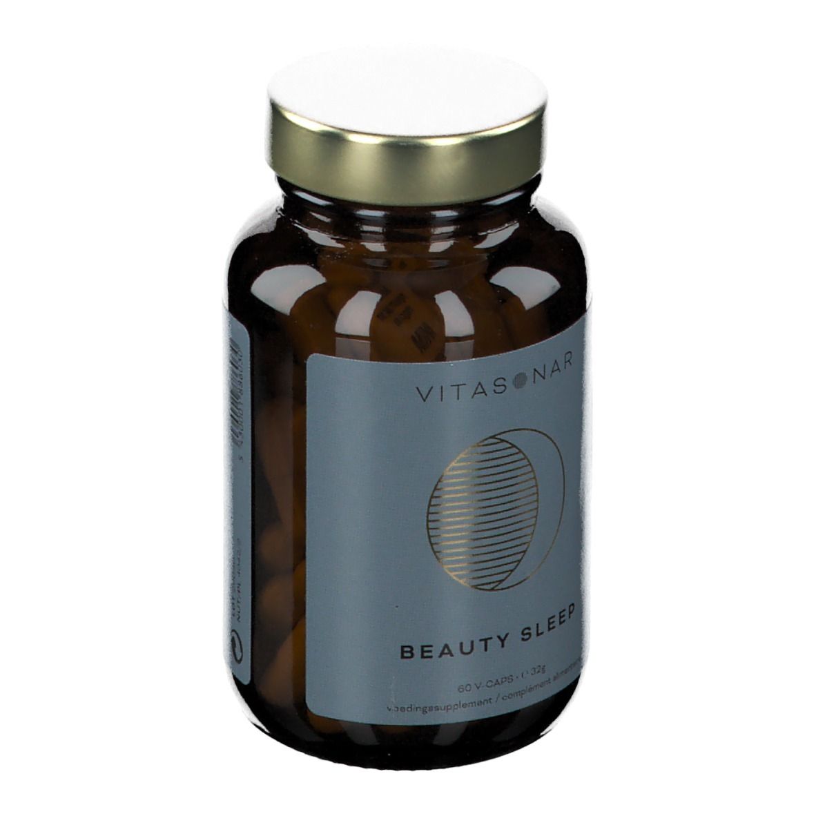 Bruine glazen fles met capsules. Etiket met "VITASONAR" en "BEAUTY SLEEP". Gouden dop.
