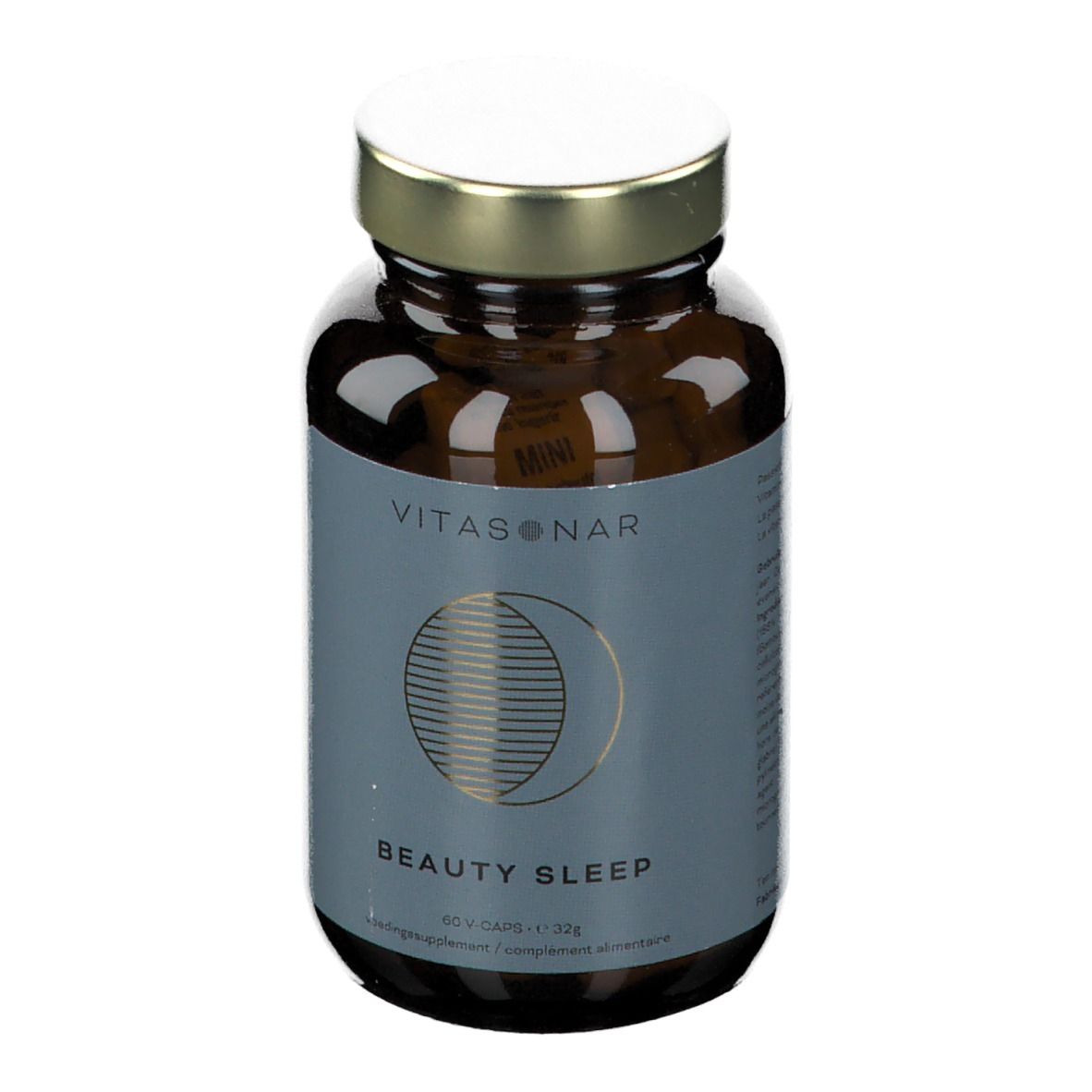 Bruine glazen fles met capsules. Etiket met "VITASONAR" en "BEAUTY SLEEP". Gouden dop.