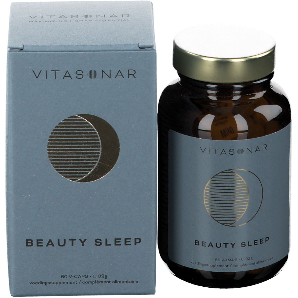 Bruine glazen fles en doos. Etiket met "VITASONAR" en "BEAUTY SLEEP". Gouden dop.