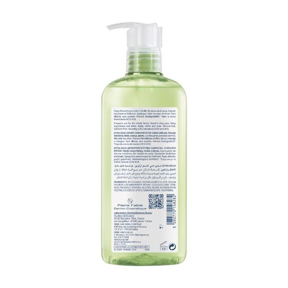 Achterkant groene fles met tekst. Fabrikantinformatie, QR-code en ingrediënten.