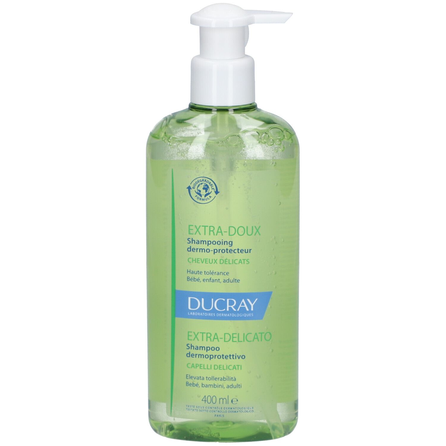 Groene fles met pomp. Opschrift: EXTRA-DOUX, DUCRAY, EXTRA-DELICATO. Voor gevoelig haar.