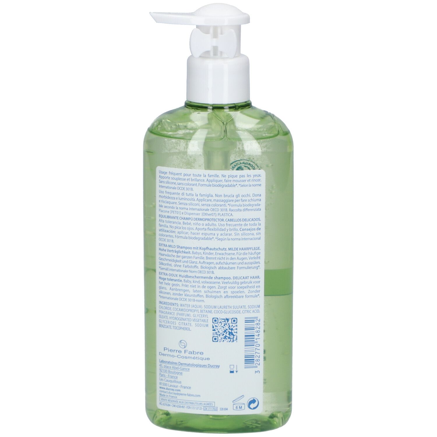 Achterkant groene fles met tekst. Fabrikantinformatie, QR-code en ingrediënten.