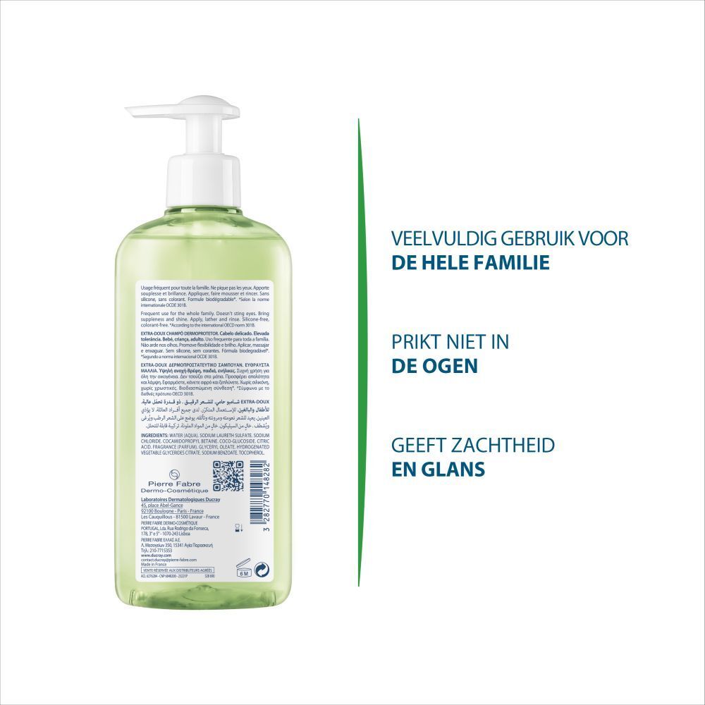 Achterkant groene fles met tekst. Fabrikantinformatie, QR-code en ingrediënten.