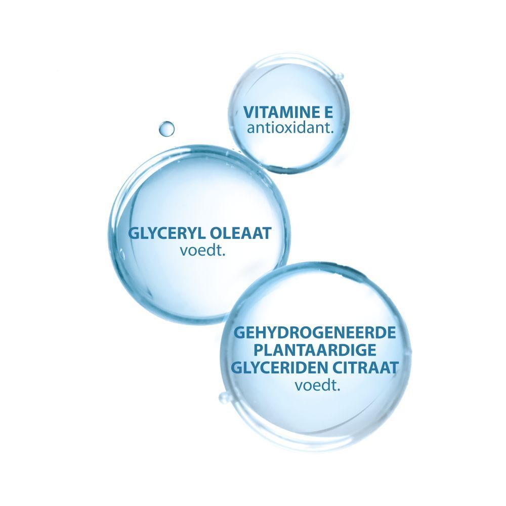 Drie blauwe cirkels met tekst. Vitamine E, Glyceryl Oleate, Hydrogenated Vegetable Glycerides Citrate.