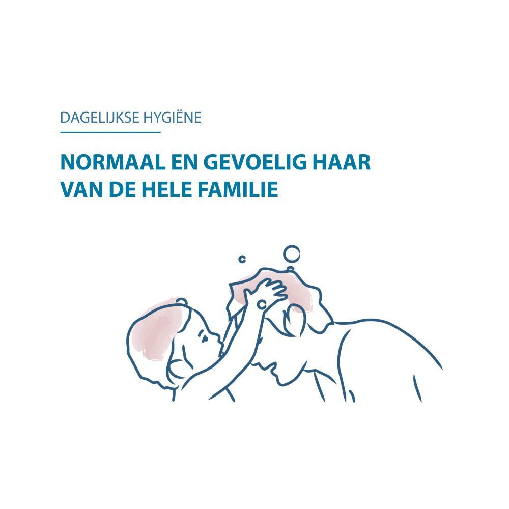 Illustratie: kind wast haar. Tekst: Dagelijkse hygiëne, normaal en gevoelig haar van de hele familie.