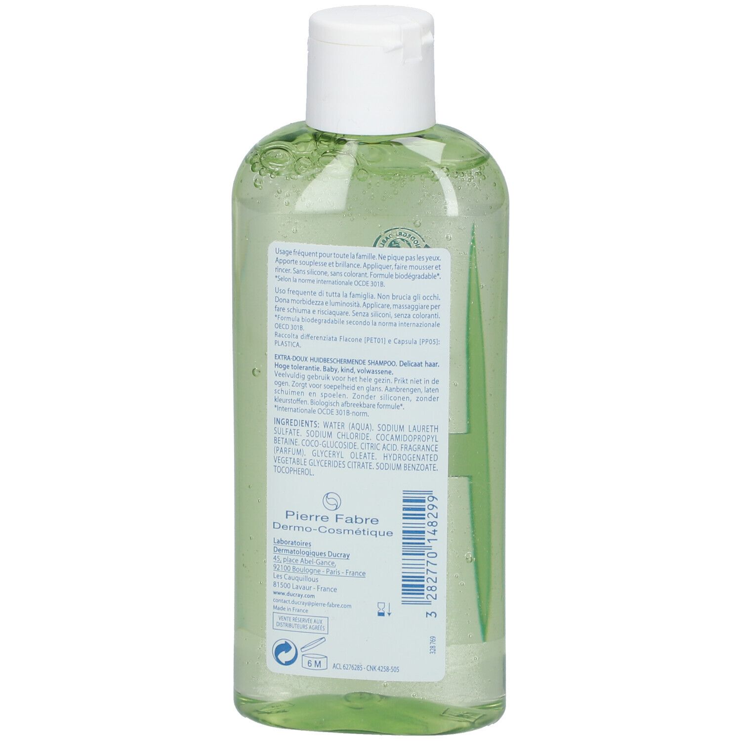 Achterkant van de groene fles. Tekst: Ingrediënten, Pierre Fabre, Dermo-Cosmétique, 3 282770 145299.