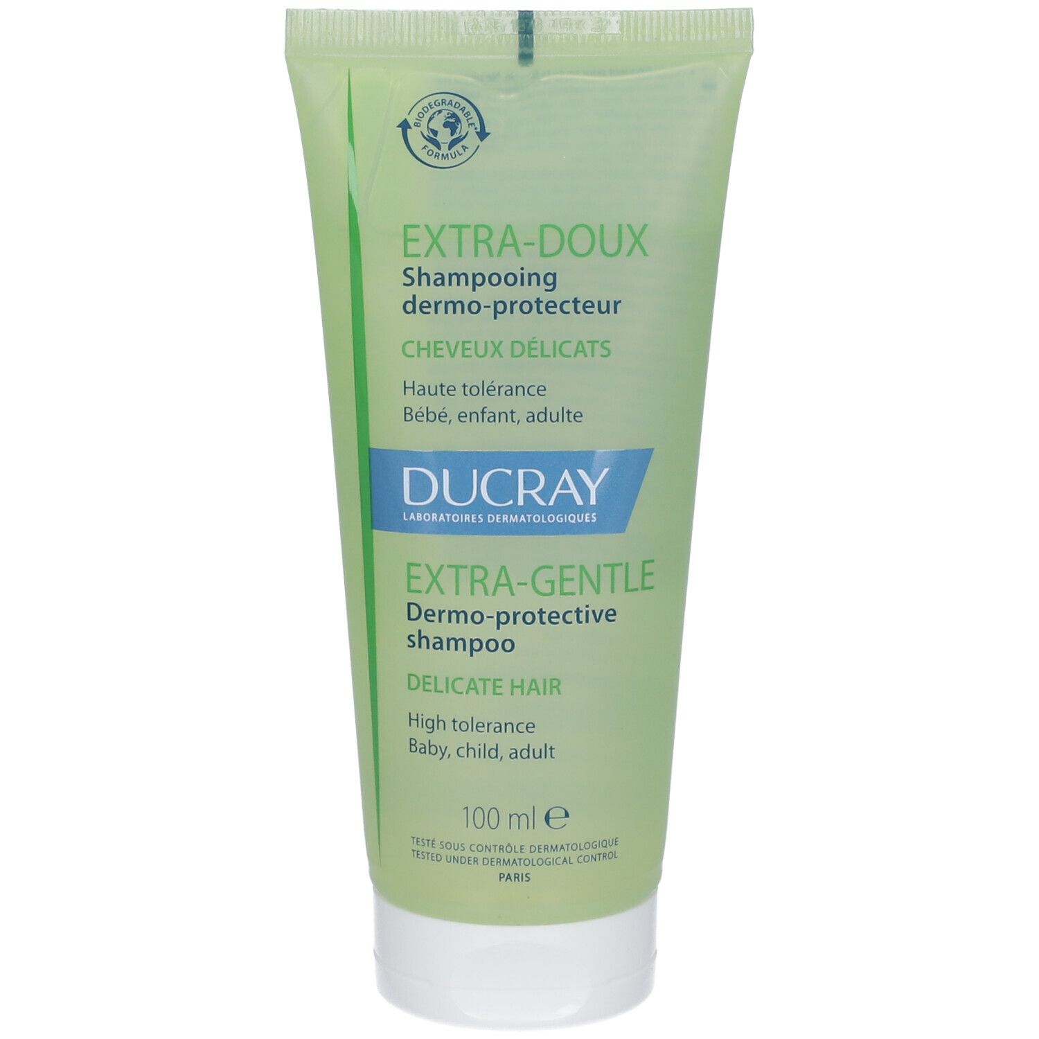 Tube vert de shampooing. Inscriptions : EXTRA-DOUX, Cheveux Délicats, DUCRAY. 100 ml.