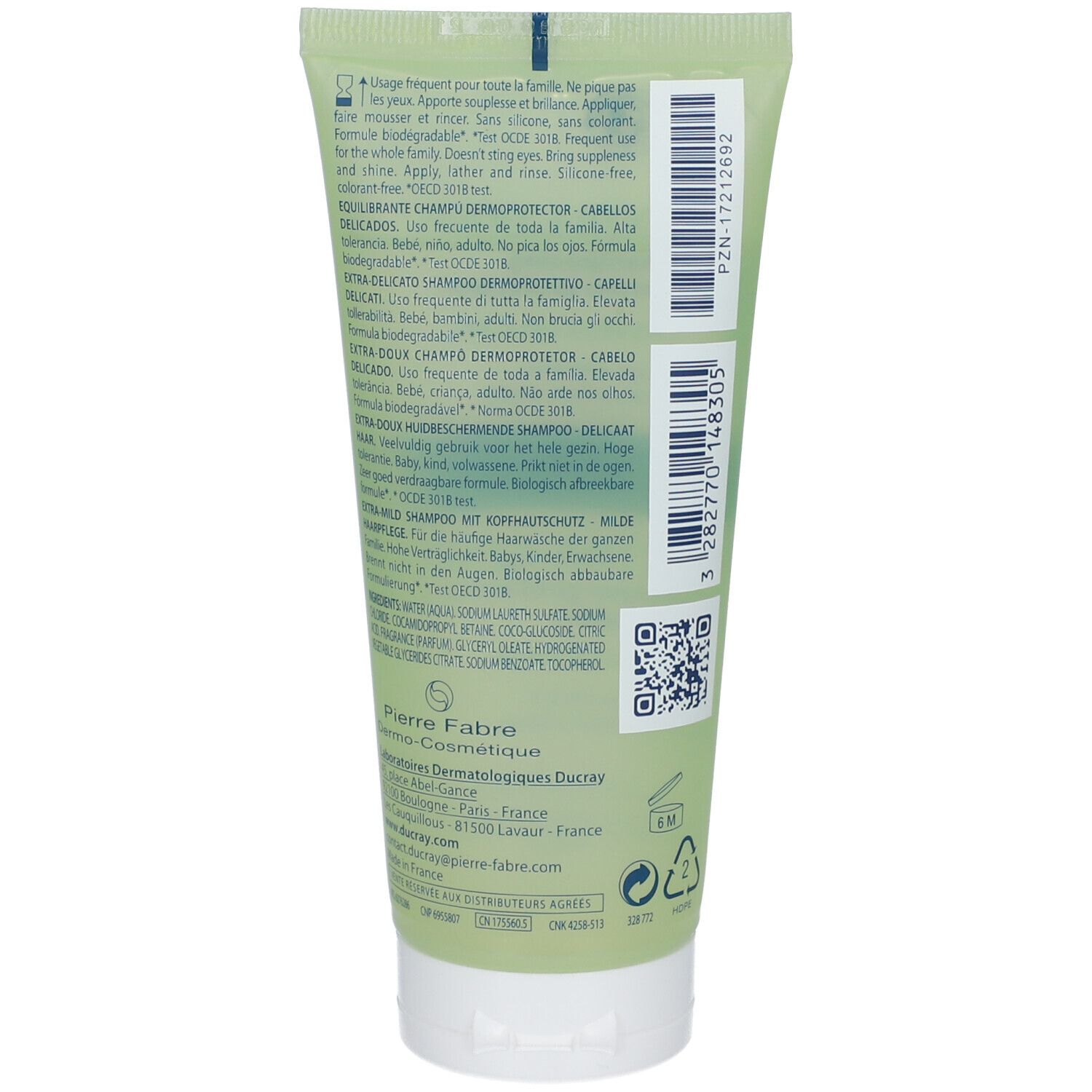 Dos du tube de shampooing. Texte multilingue. Code QR et informations fabricant.