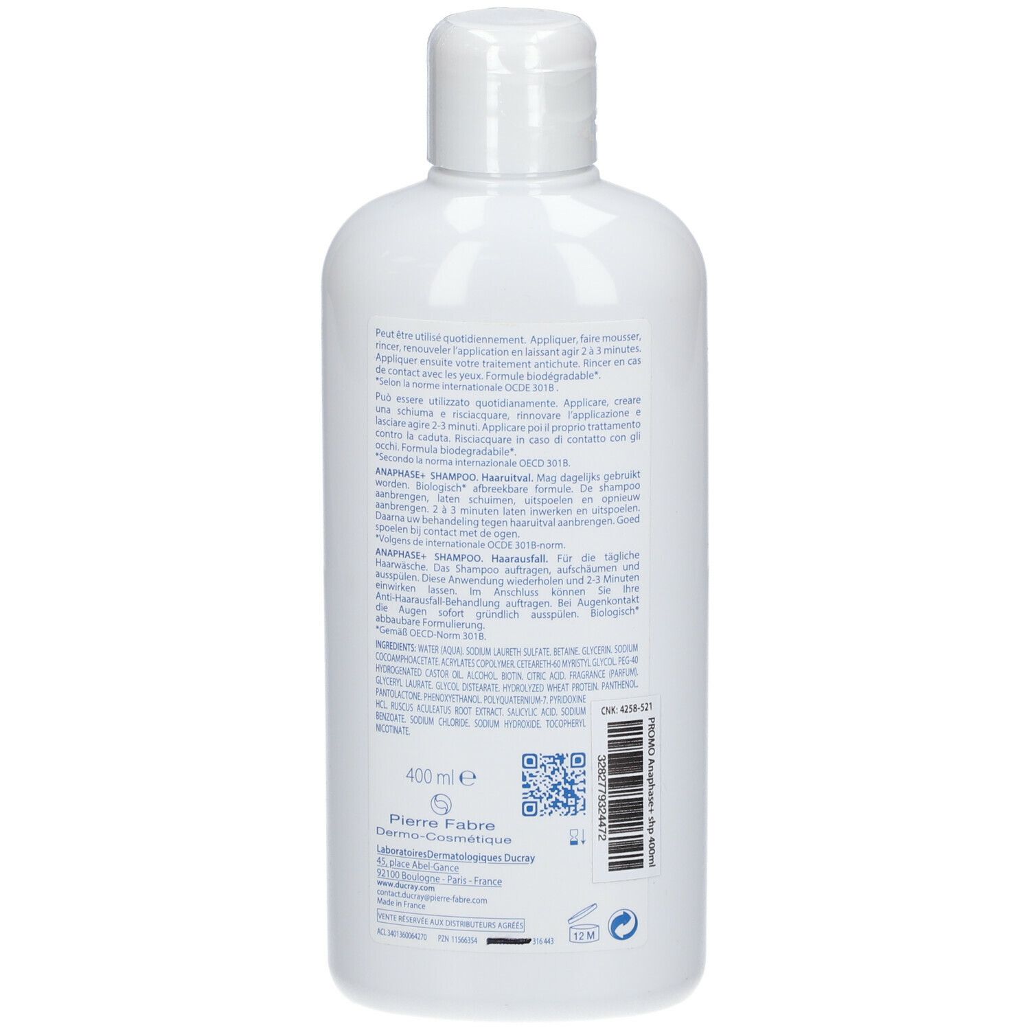 Dos d'un flacon de shampooing blanc. Texte multilingue, 400 ml, code QR.
