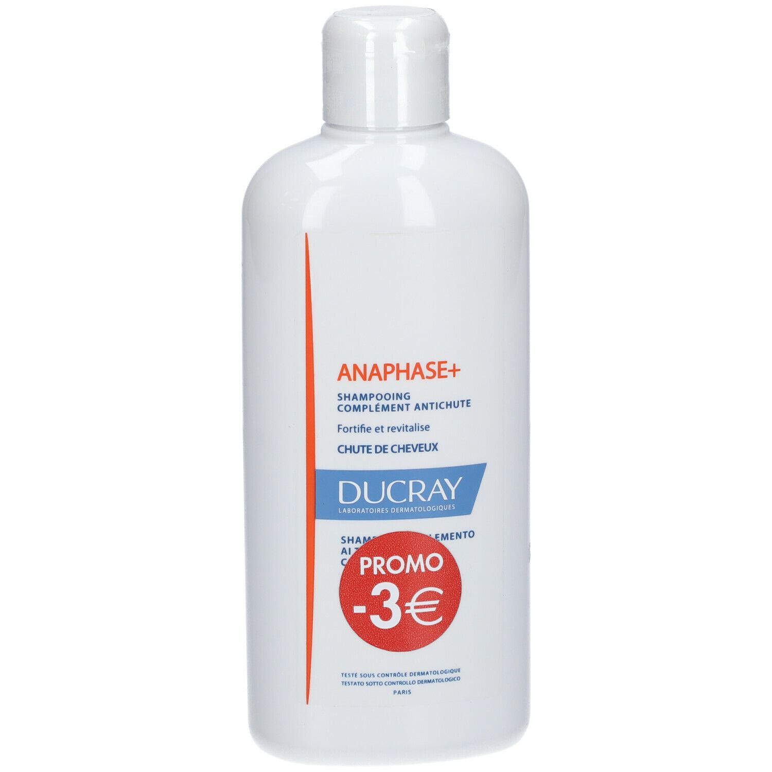 Flacon blanc ANAPHASE+ Shampooing. Bande rouge, texte bleu. Autocollant promo -3€.