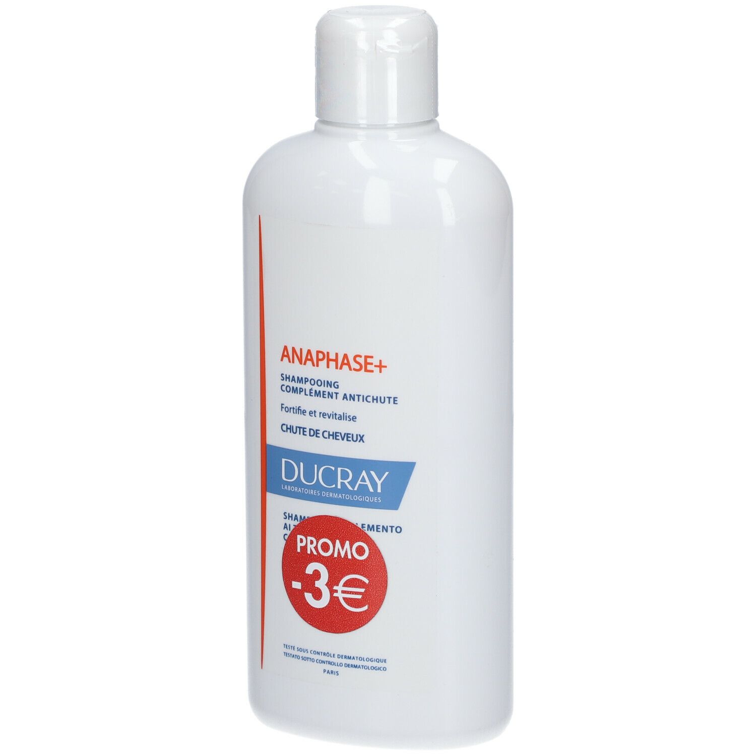 Flacon blanc ANAPHASE+ Shampooing. Bande rouge, texte bleu. Autocollant promo -3€.