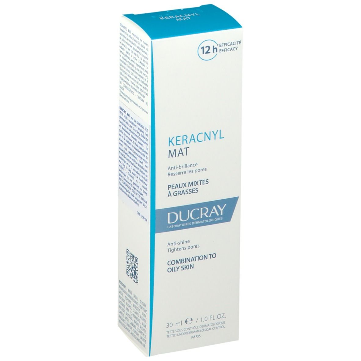 Boîte pliante blanche et bleue. Inscription: KERACNYL MAT, anti-brillance, resserre les pores, peaux mixtes à grasses. Marque: DUCRAY.