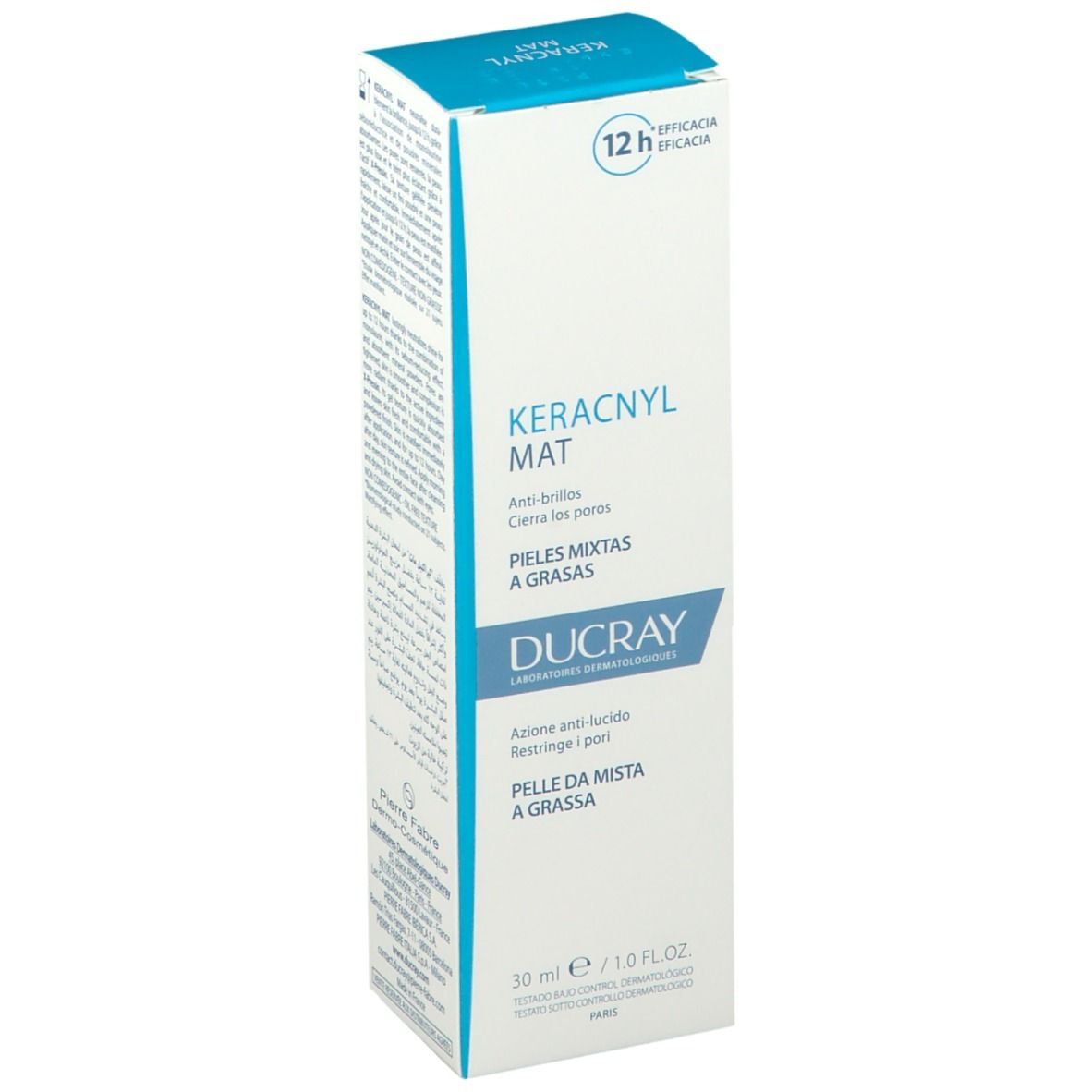 Boîte pliante blanche et bleue. Inscription: KERACNYL MAT, anti-brillance, resserre les pores, peaux mixtes à grasses. Marque: DUCRAY.