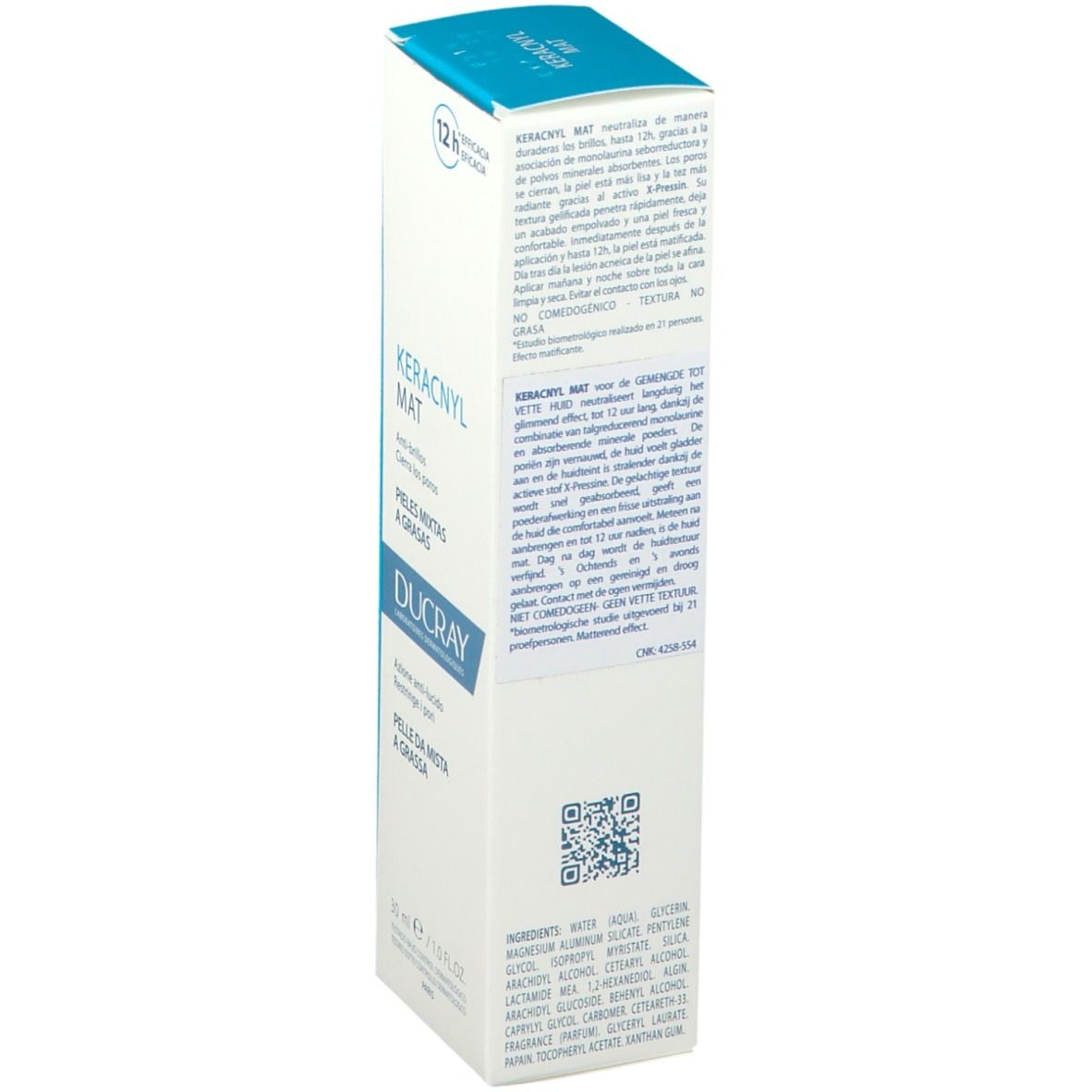 Boîte pliante blanche et bleue. Texte en plusieurs langues. Marque: DUCRAY. Contient des informations sur le produit et les ingrédients.