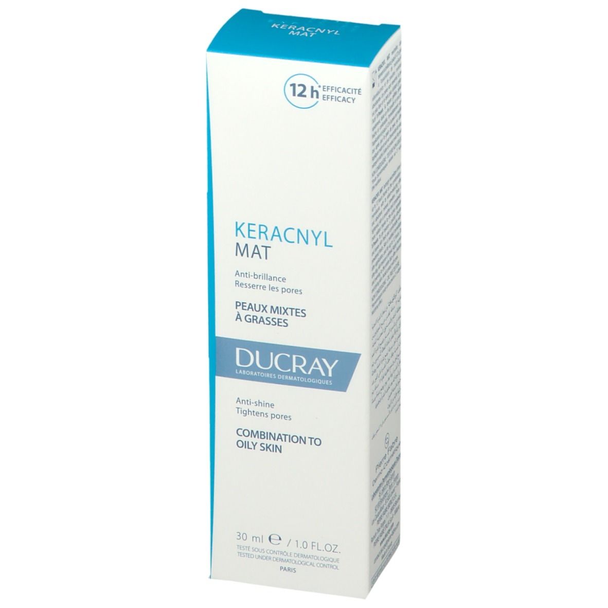 Boîte pliante blanche et bleue. Inscription: KERACNYL MAT, anti-brillance, resserre les pores, peaux mixtes à grasses. Marque: DUCRAY.