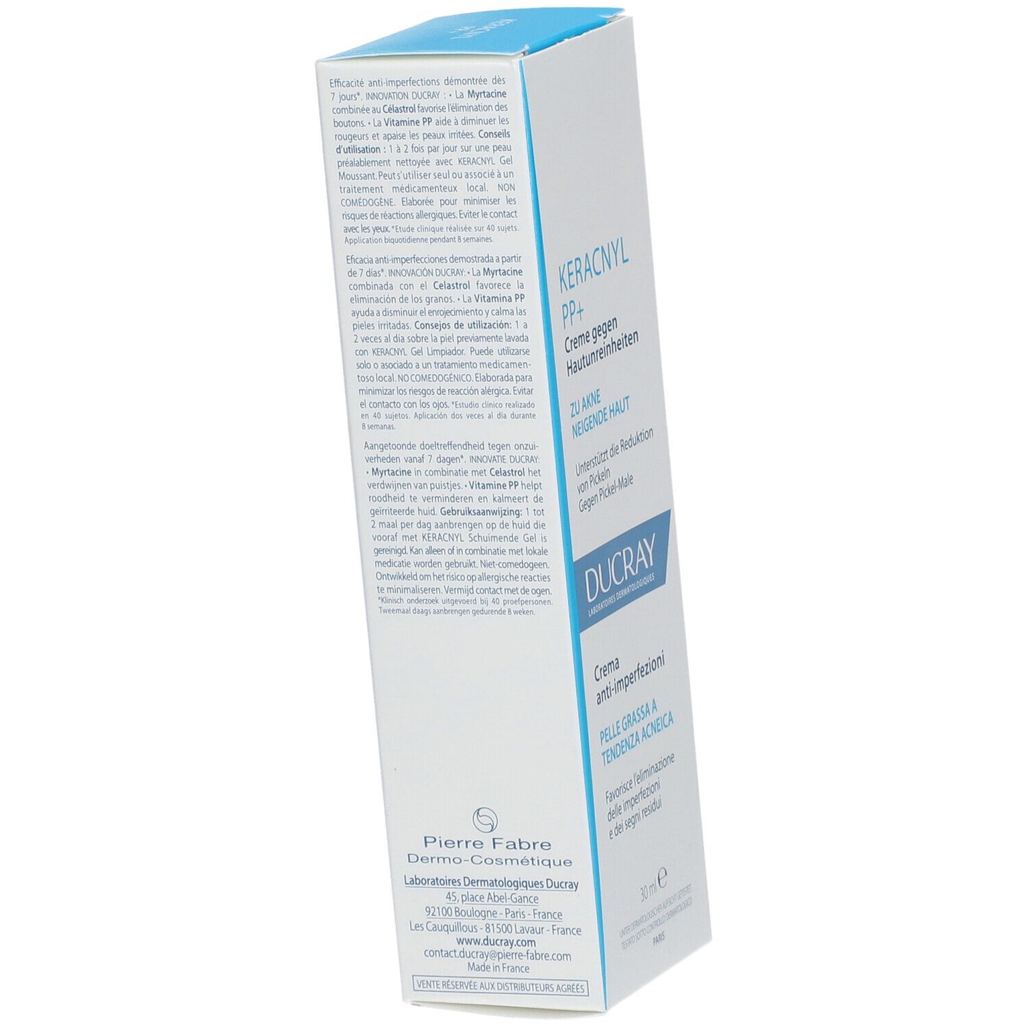 Emballage cartonné avec texte. Informations sur le produit et ingrédients. Couleurs bleu et blanc.