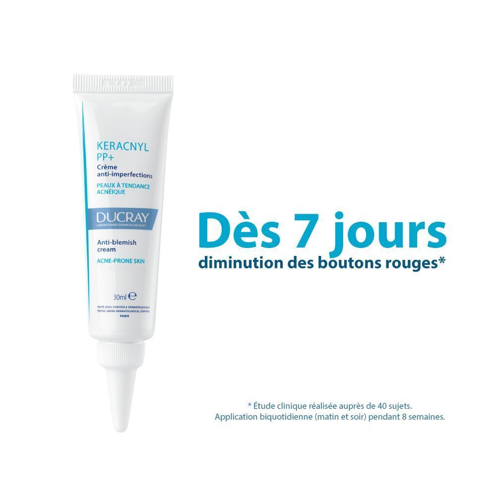 Tube avec nom du produit et de la marque. Blanc et bleu. 30 ml. Crème et texte.