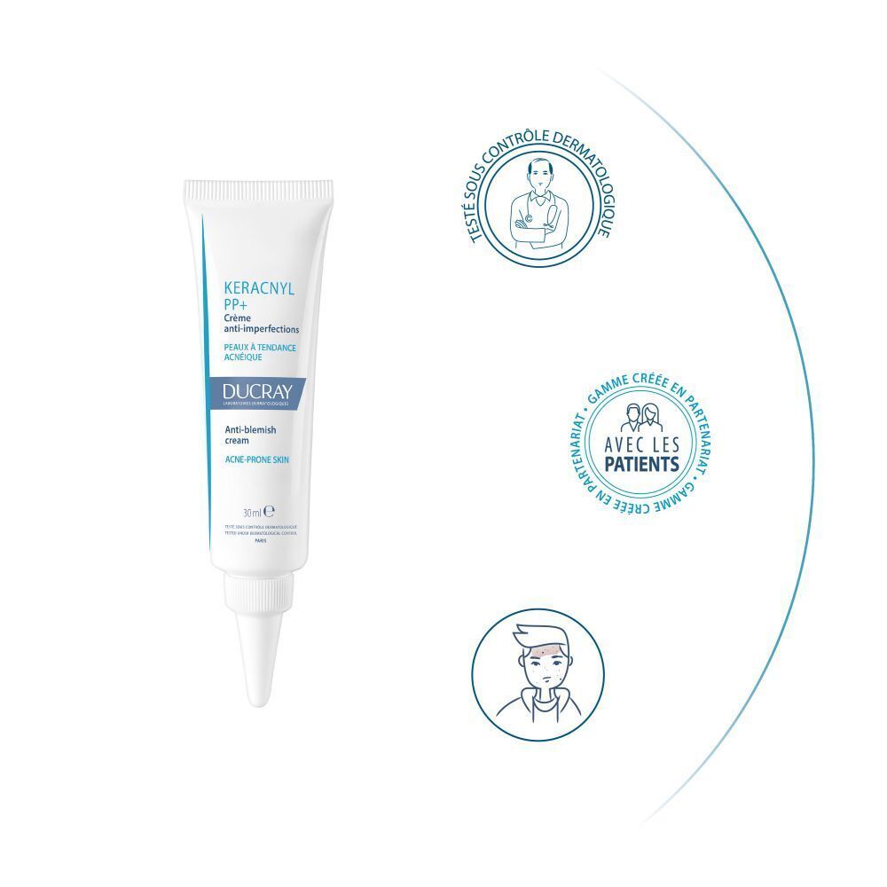 Tube avec nom du produit et de la marque. Blanc et bleu. 30 ml. Crème et texte.