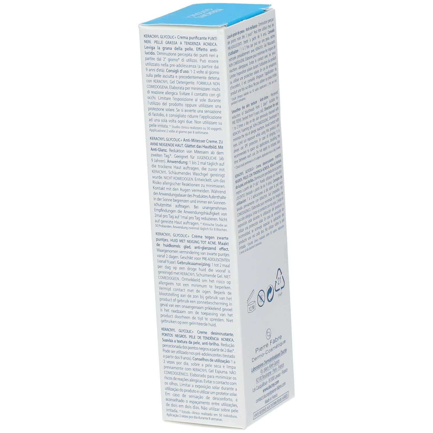 Vue en biais de l'emballage du produit. Texte multilingue. Informations du fabricant et symboles.