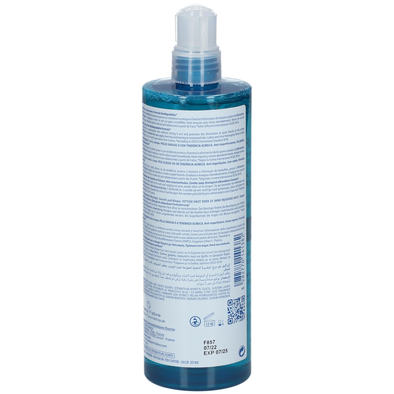 Blauwe transparante fles met witte pomp. Achterkant met tekst. Merk: DUCRAY. Opschrift: KERACNYL Gel moussant, voor vette of acne-gevoelige huid.