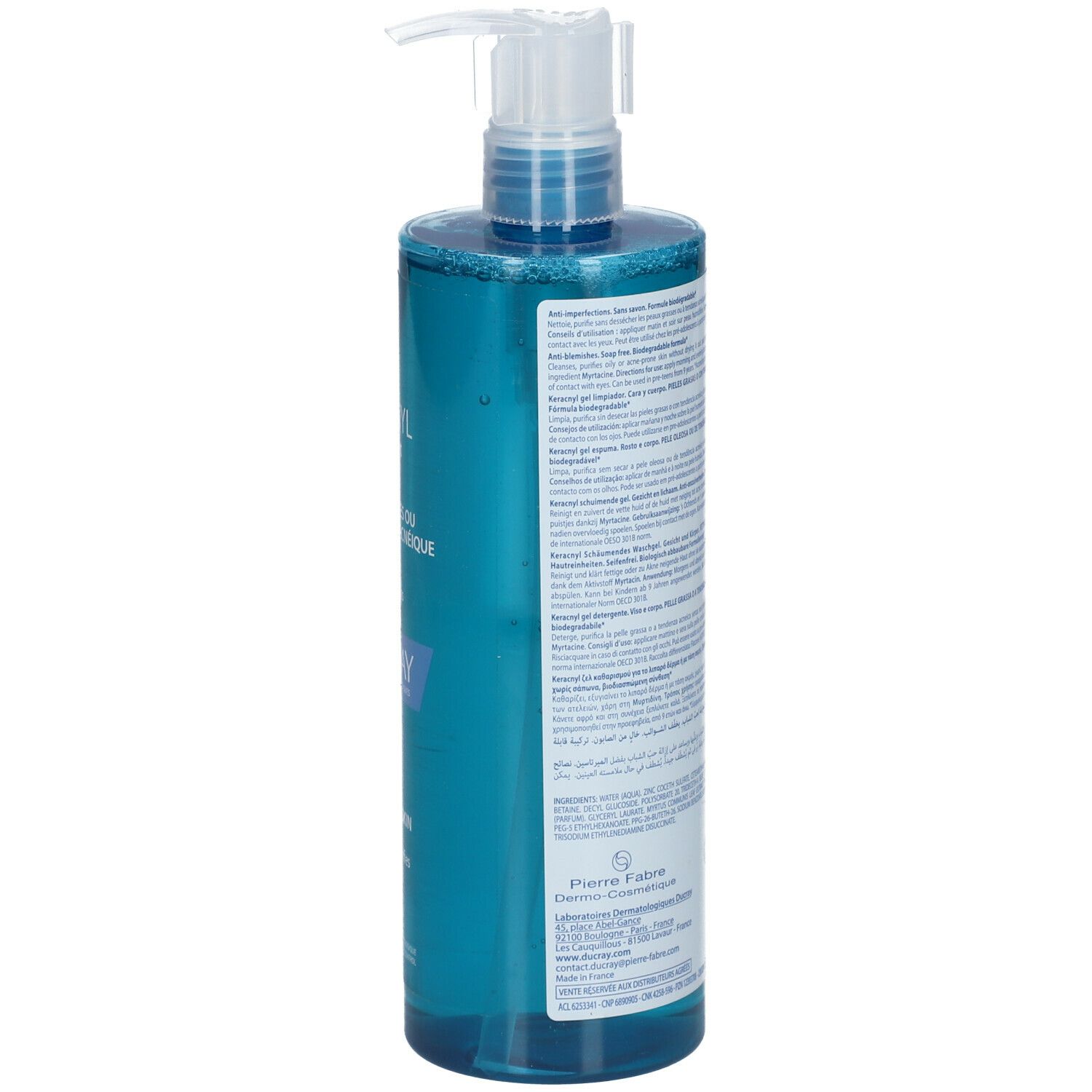 Blauwe transparante fles met witte pomp. Achterkant met tekst. Merk: DUCRAY. Opschrift: KERACNYL Gel moussant, voor vette of acne-gevoelige huid.