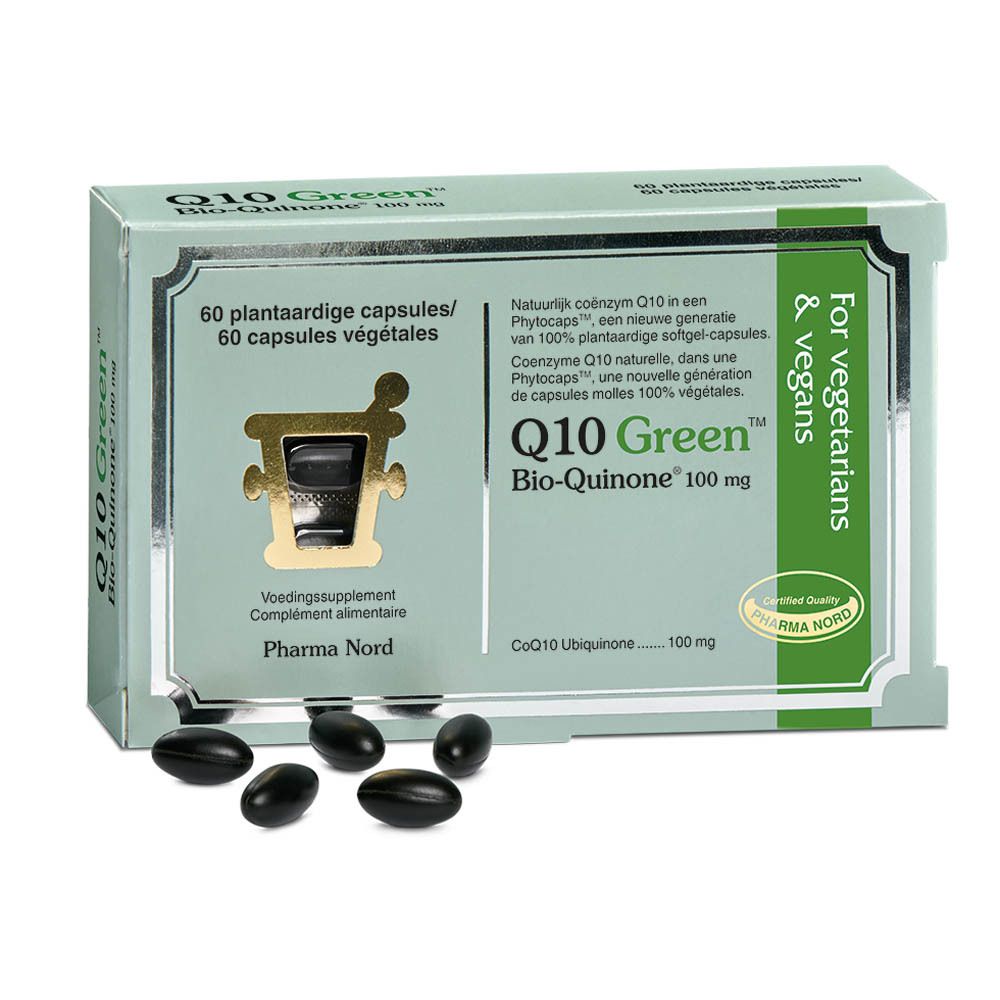 Doosje Q10 Green 100 mg Bio-Quinone, 60 capsules. Capsules ernaast.