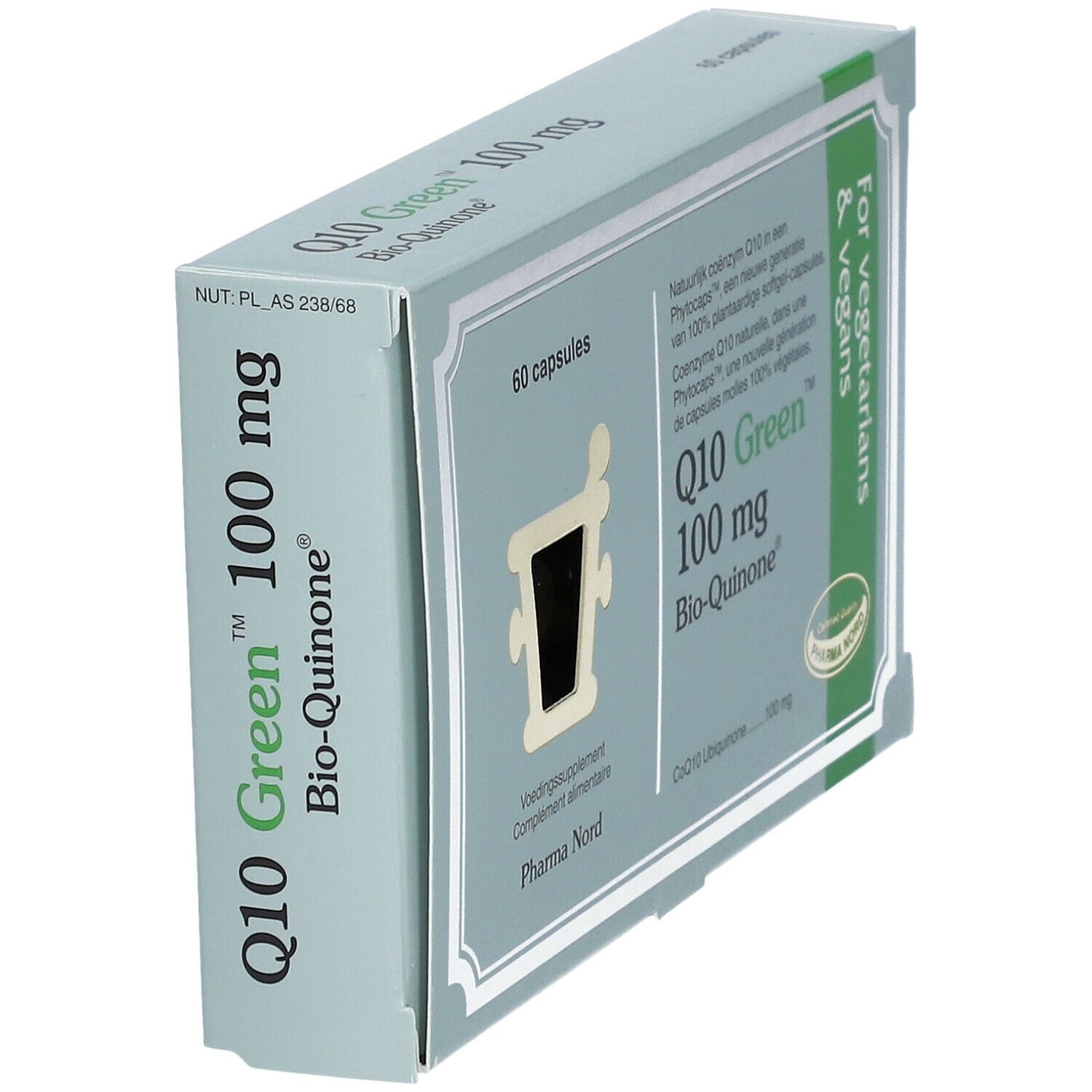 Doosje Q10 Green 100 mg Bio-Quinone. 60 capsules. Voor vegetariërs en veganisten. Pharma Nord.