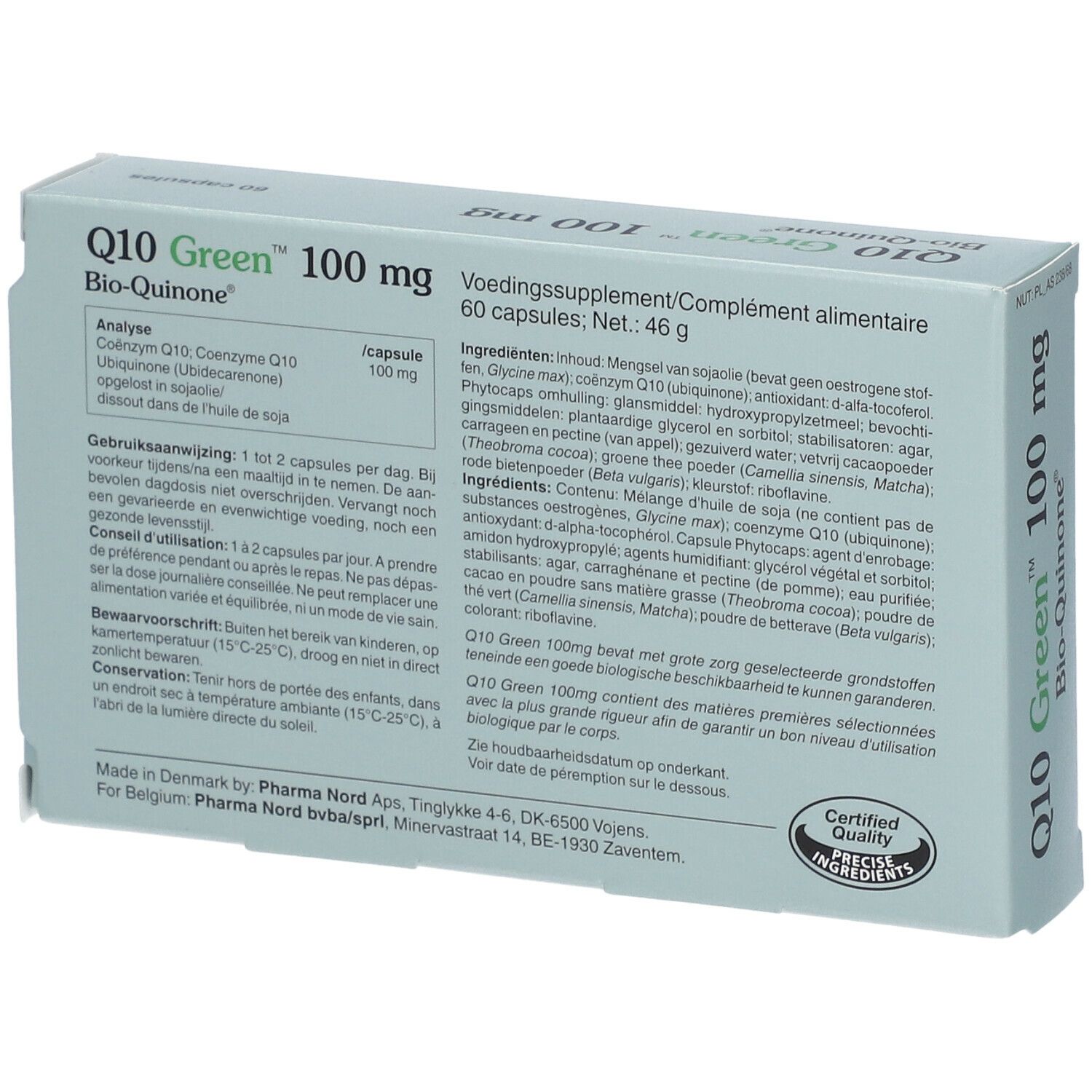 Achterkant van de doos Q10 Green 100 mg Bio-Quinone. 60 capsules. Pharma Nord.