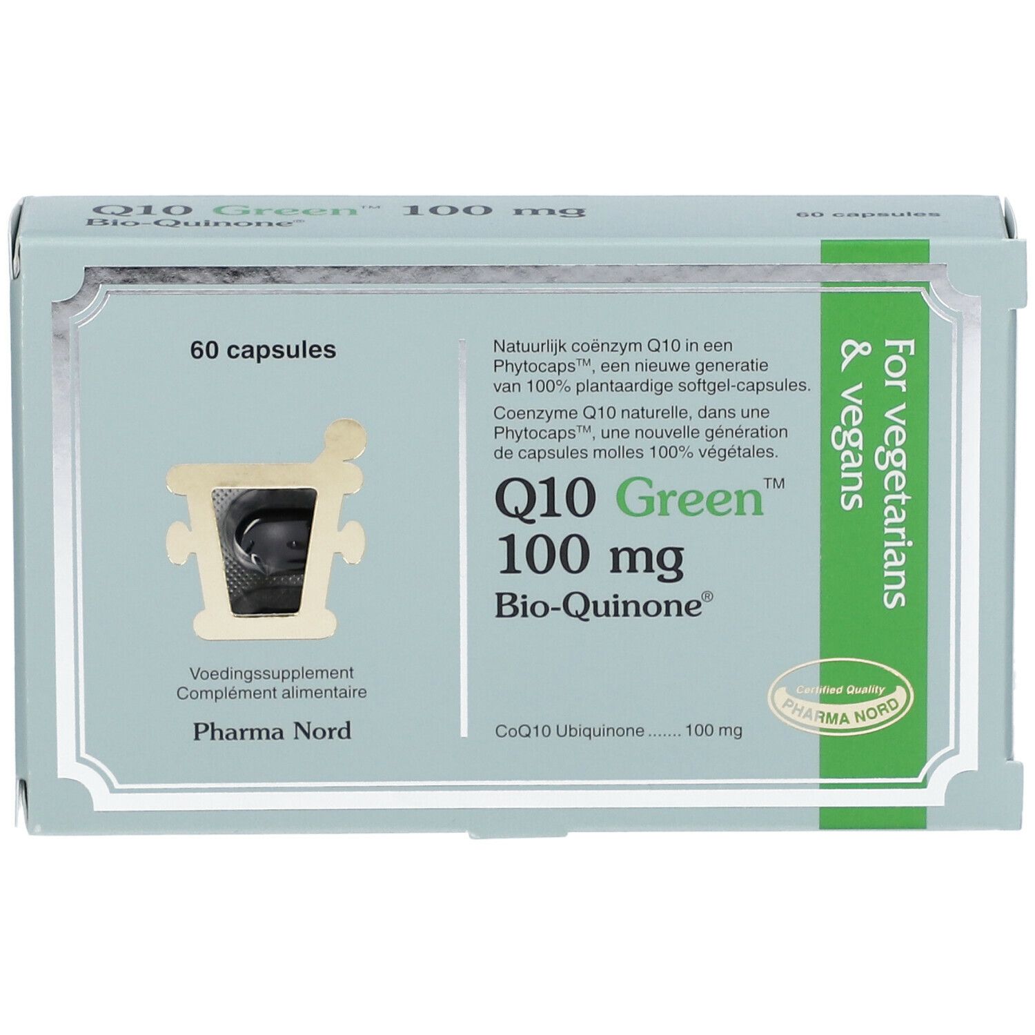 Doosje Q10 Green 100 mg Bio-Quinone, 60 capsules. Voor vegetariërs en veganisten. Pharma Nord.