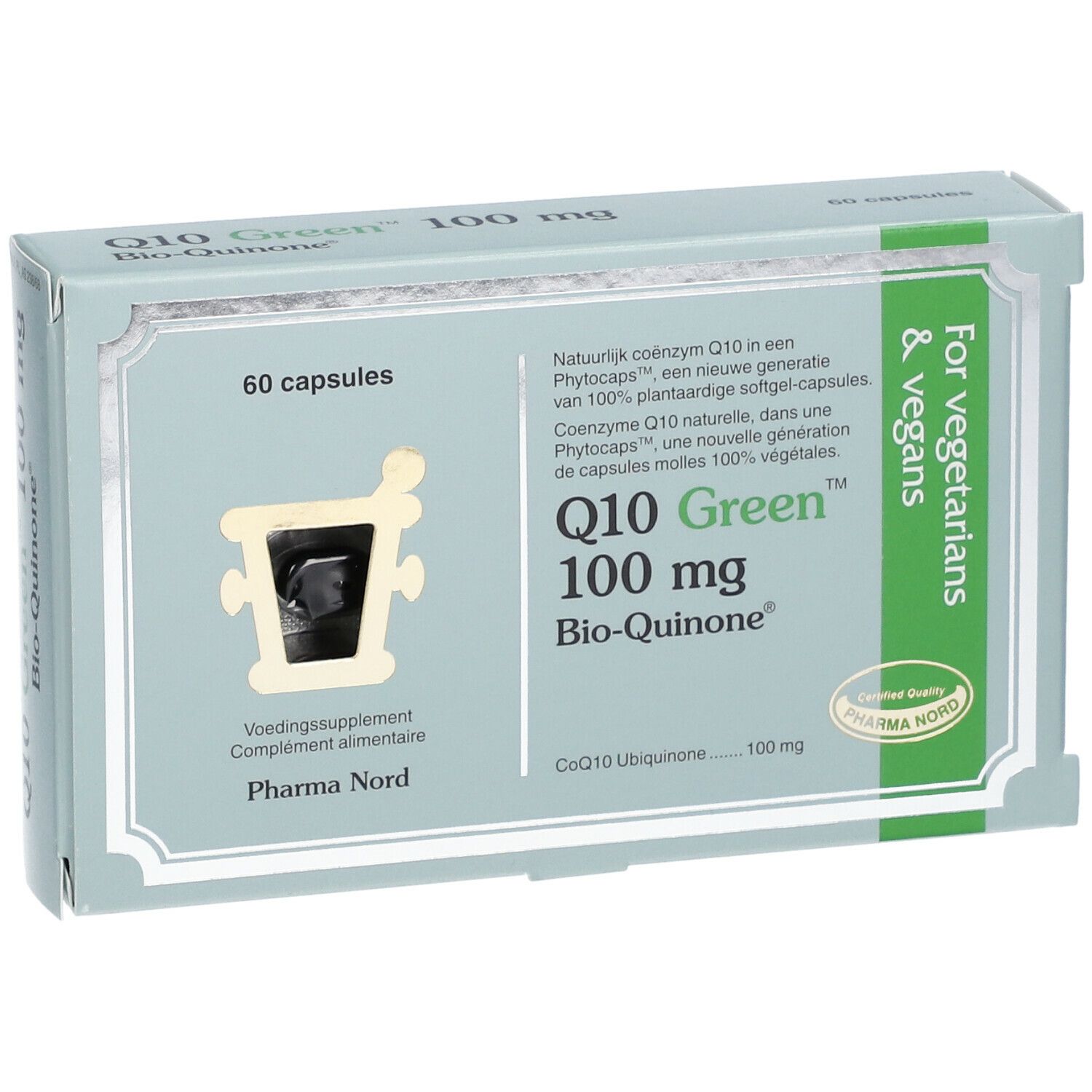 Doosje Q10 Green 100 mg Bio-Quinone, 60 capsules. Voor vegetariërs en veganisten. Pharma Nord.