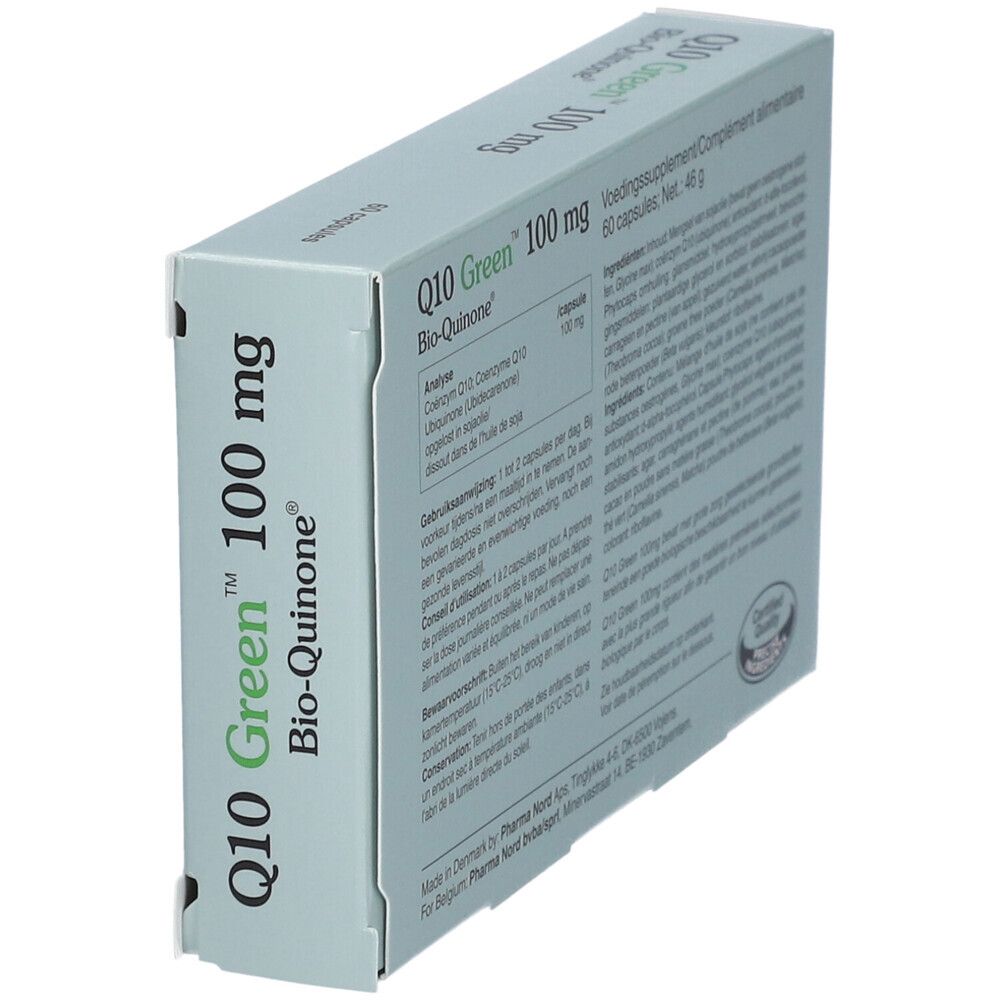 Achterkant van de doos Q10 Green 100 mg Bio-Quinone. 60 capsules. Pharma Nord.