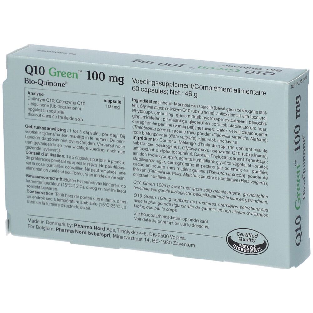 Achterkant van de doos Q10 Green 100 mg Bio-Quinone. 60 capsules. Pharma Nord.