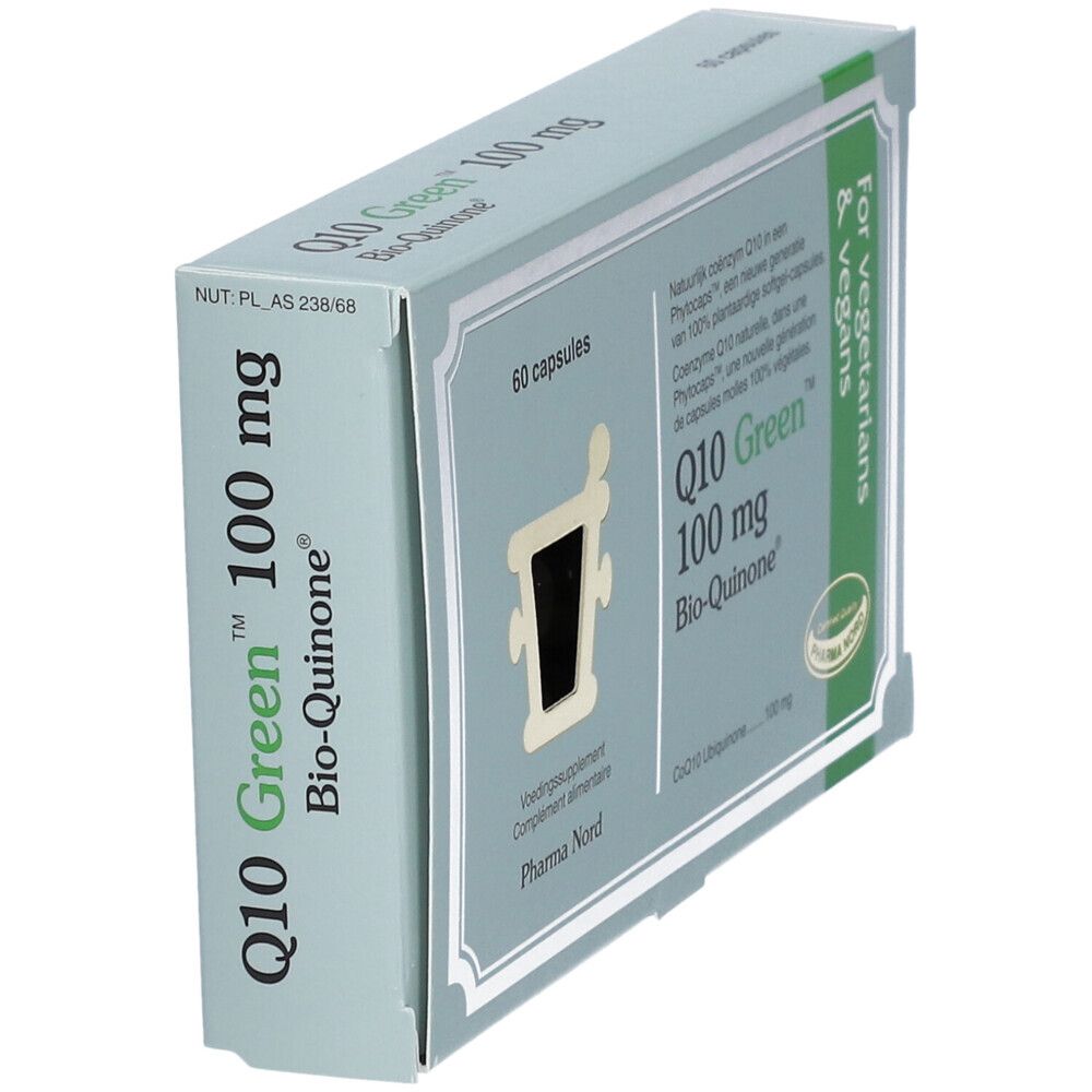Doosje Q10 Green 100 mg Bio-Quinone. 60 capsules. Voor vegetariërs en veganisten. Pharma Nord.