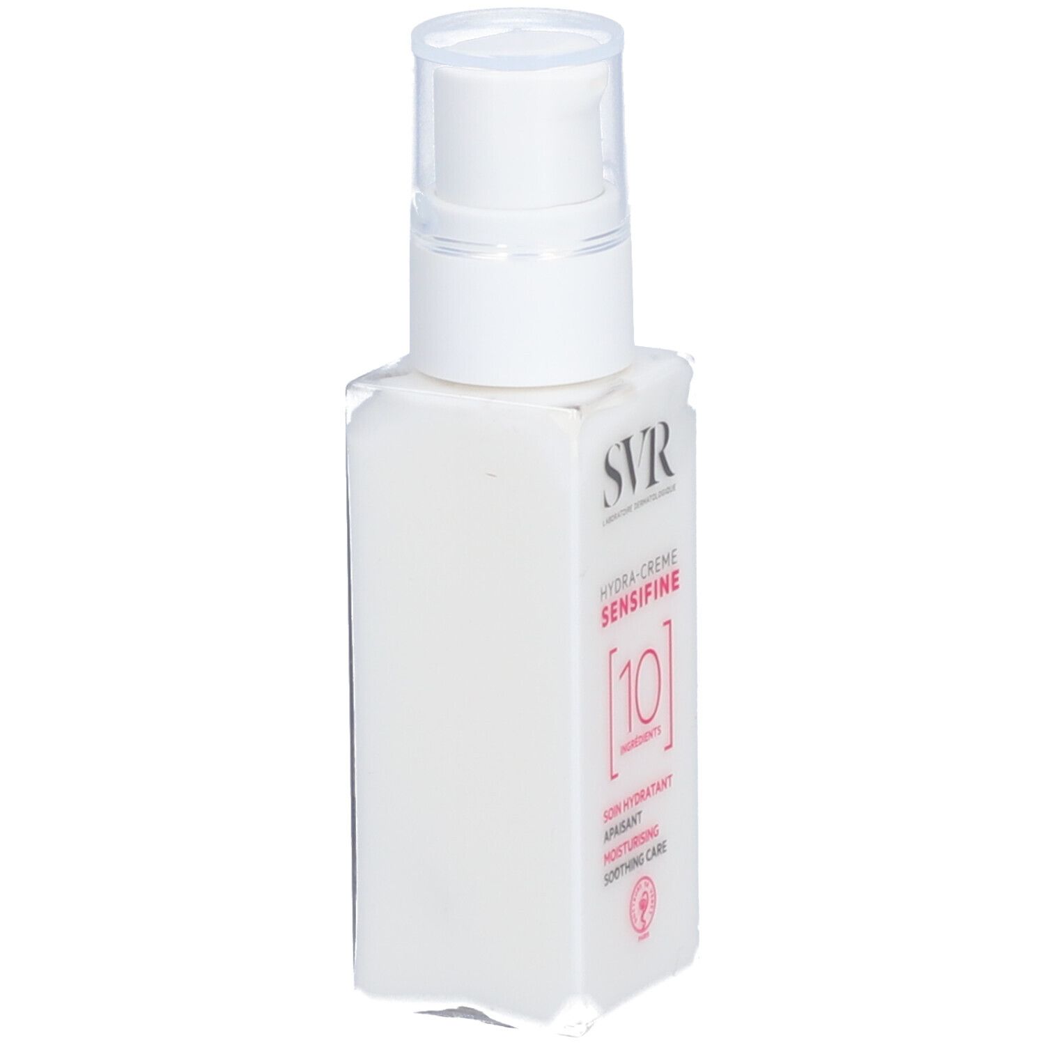 Weiße Flasche mit Pumpverschluss. Aufschrift: SVR, Hydra-Creme, Sensifine, 10 Ingredients. Text: Soin hydratant apaisant.