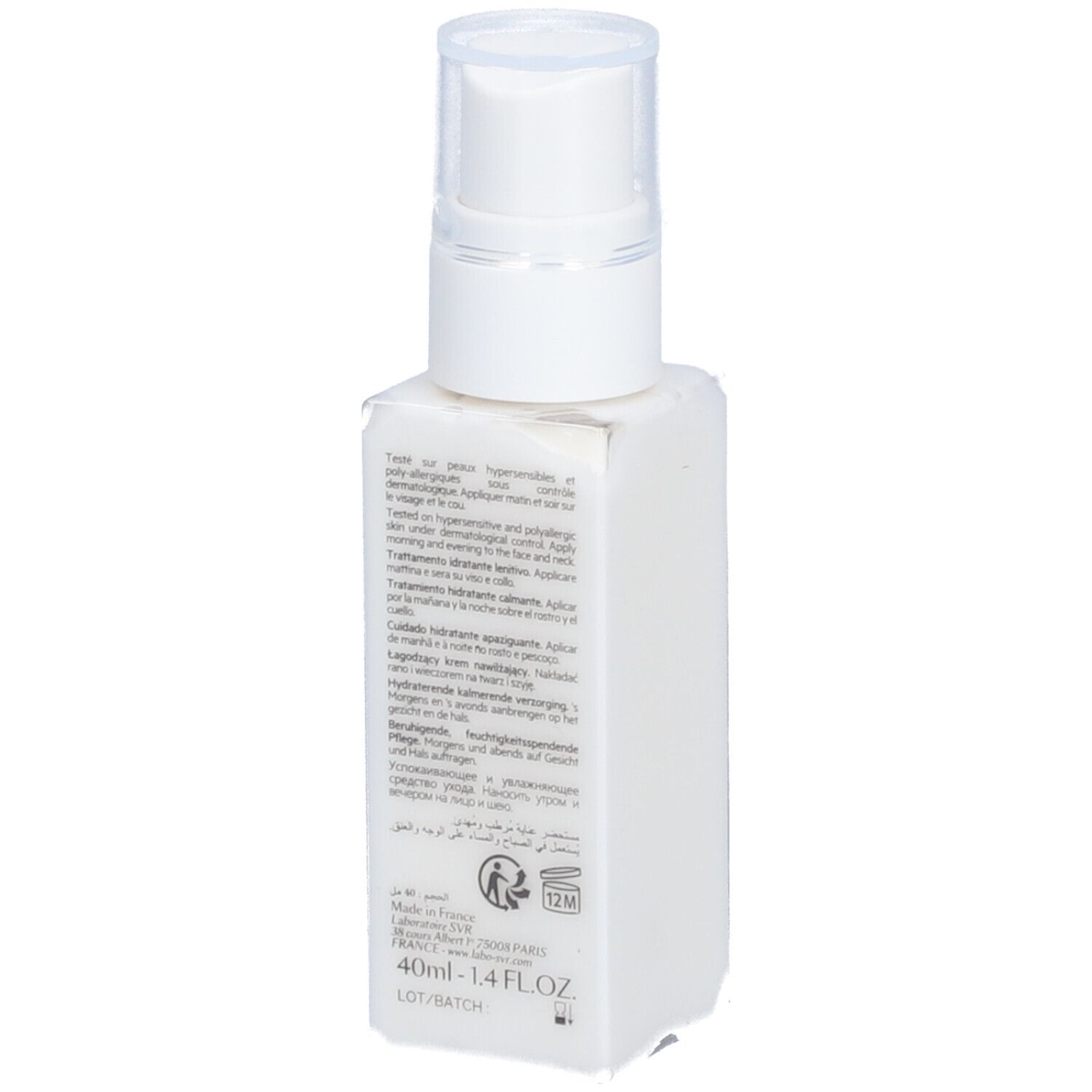 Rückseite der weißen Flasche mit Text. Aufschrift: 40ml-1.4FL.OZ. Herstellerinformationen. Text in mehreren Sprachen.