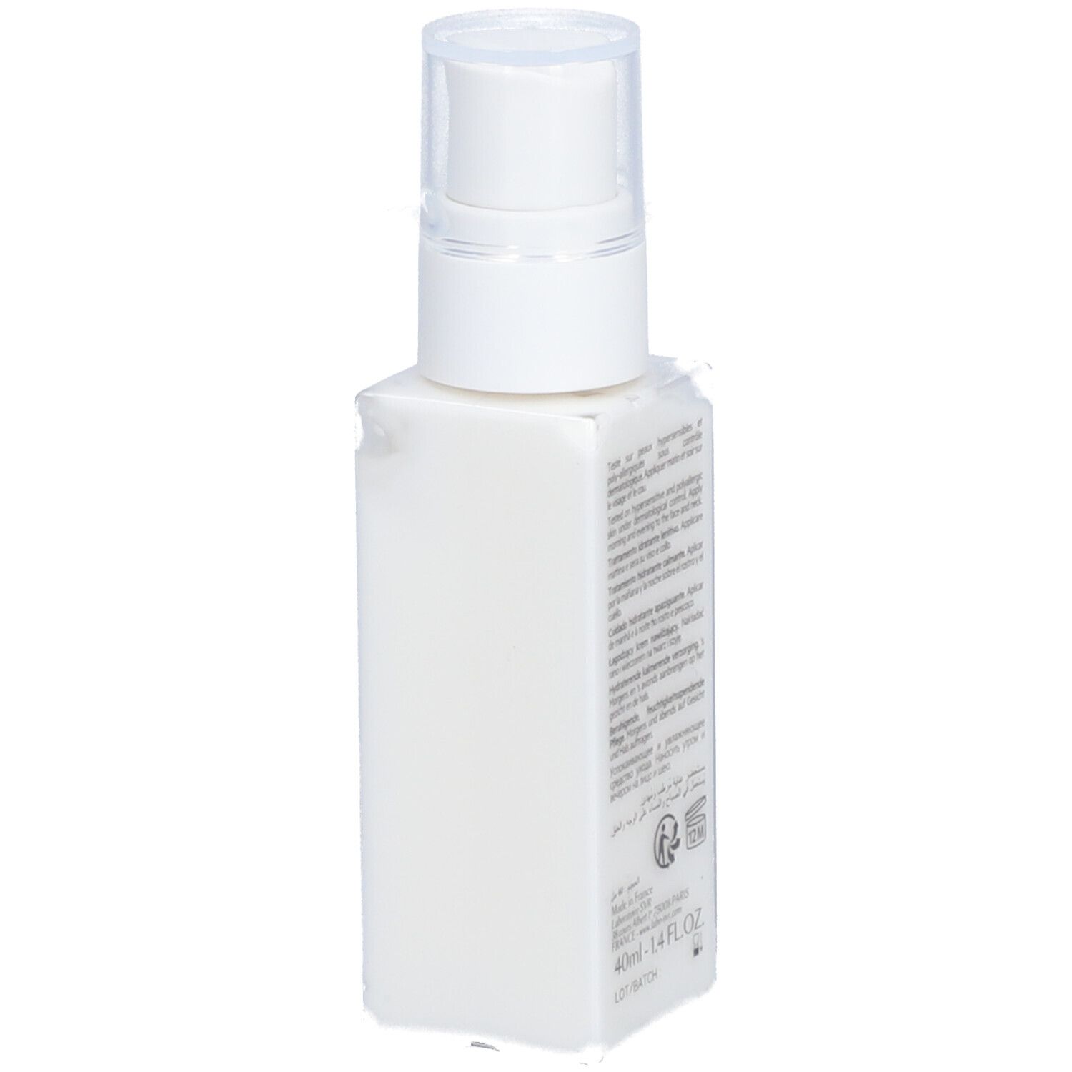 Rückseite der weißen Flasche mit Text. Aufschrift: 40ml-1.4FL.OZ. Herstellerinformationen. Text in mehreren Sprachen.