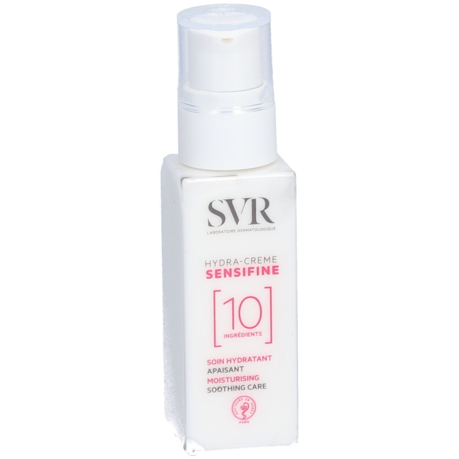 Weiße Flasche mit Pumpverschluss. Aufschrift: SVR, Hydra-Creme, Sensifine, 10 Ingredients. Text: Soin hydratant apaisant.
