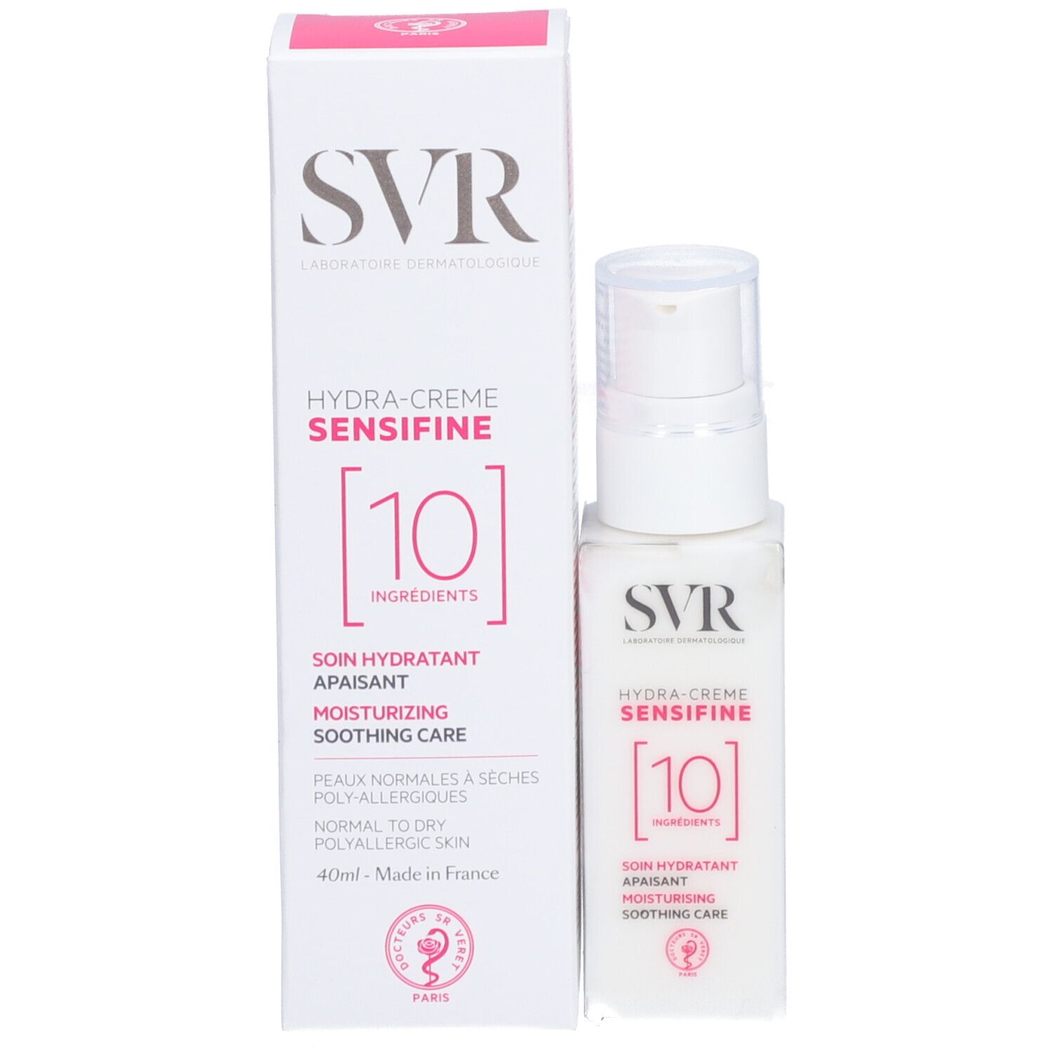 Weiße Verpackung und Flasche. Aufschrift: SVR, Hydra-Creme, Sensifine, 10 Ingredients. Text: Soin hydratant apaisant. Für empfindliche Haut.
