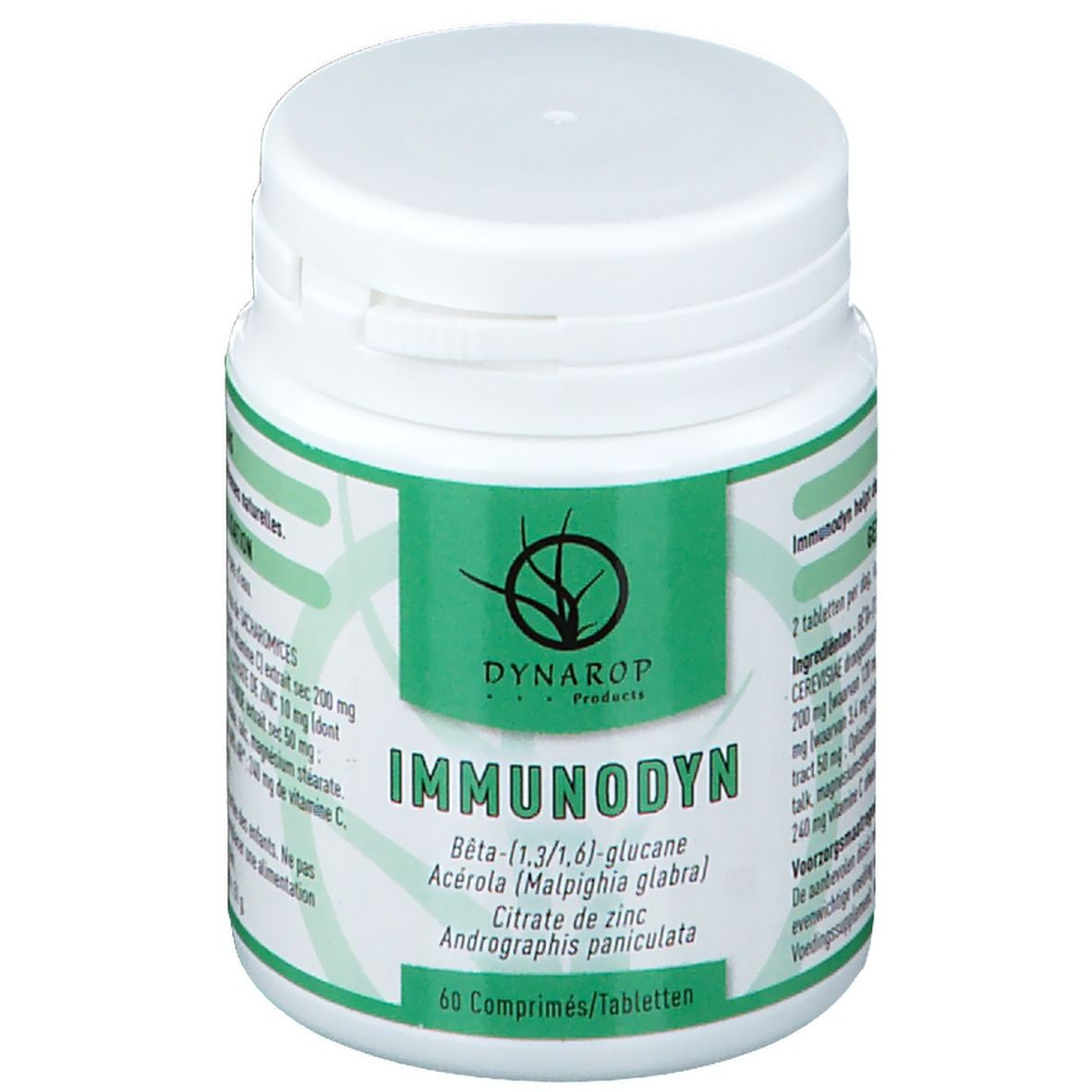 Witte plastic fles met groen etiket. Opschrift: Immunodyn, 60 tabletten. Ingrediëntenlijst en logo van Dynarop Products.