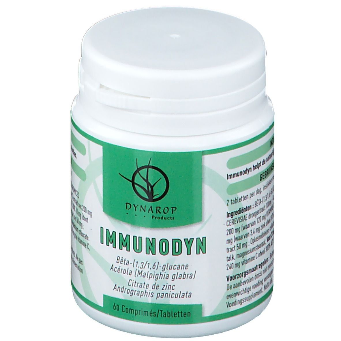 Witte fles met groen etiket. Opschrift: Immunodyn, 60 tabletten. Logo van Dynarop Products. Ingrediëntenlijst.