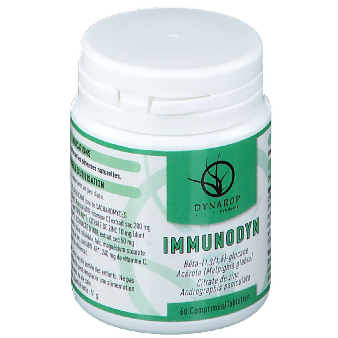 Witte fles met groen etiket. Opschrift: Immunodyn, 60 tabletten. Logo van Dynarop Products. Ingrediëntenlijst.