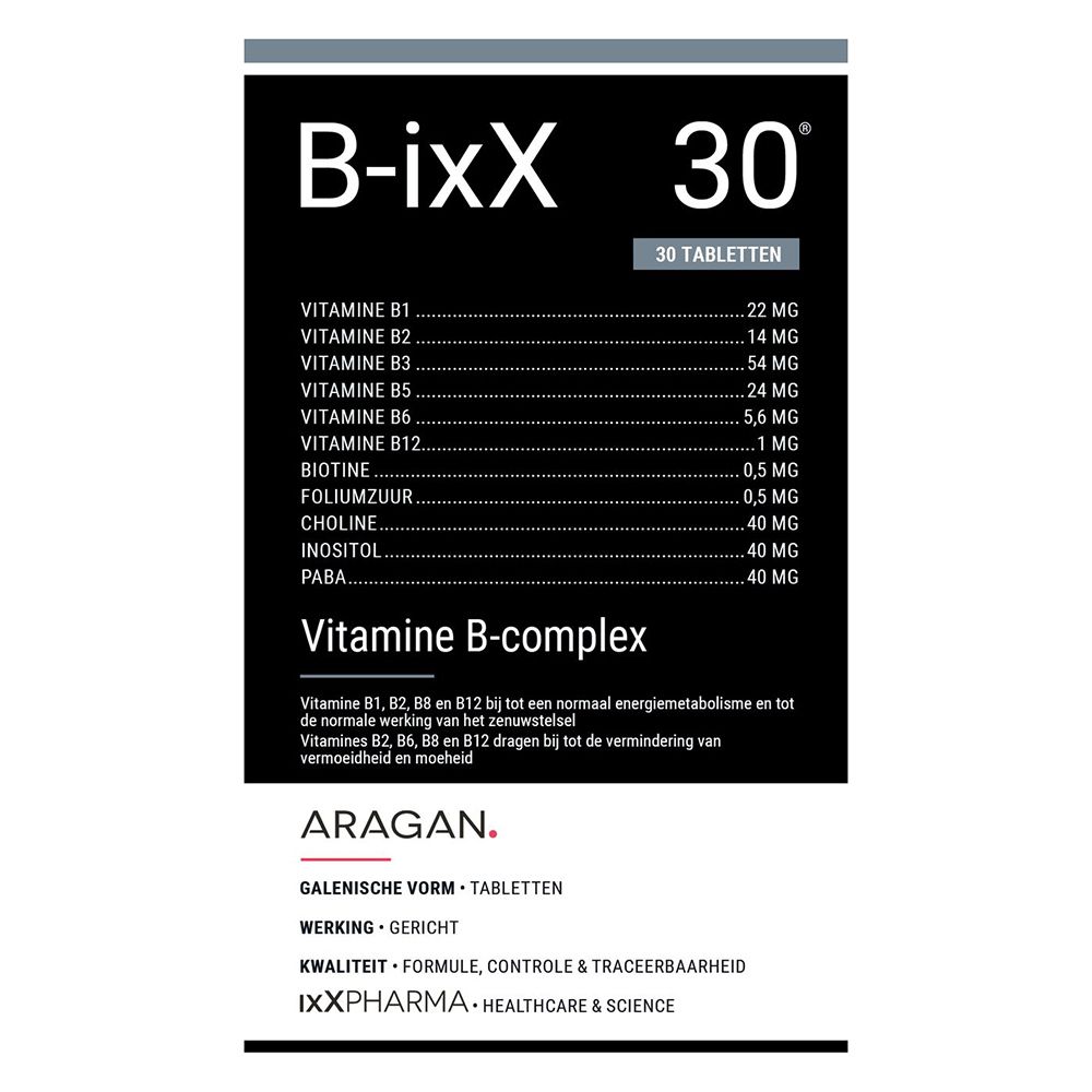 B-ixX doos, 30 tabletten. Bevat vitamine B-complex. Nederlandse tekst.
