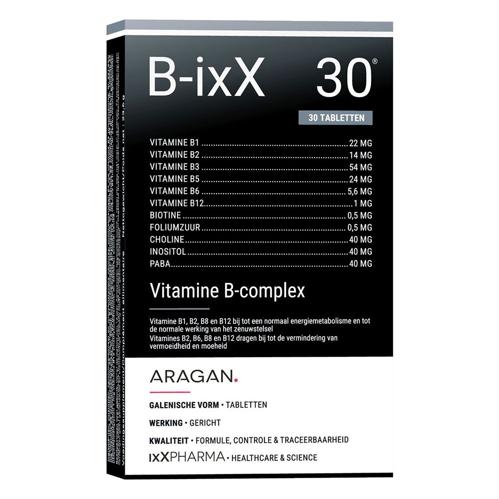 B-ixX doos, 30 tabletten. Bevat vitamine B-complex. Nederlandse tekst.