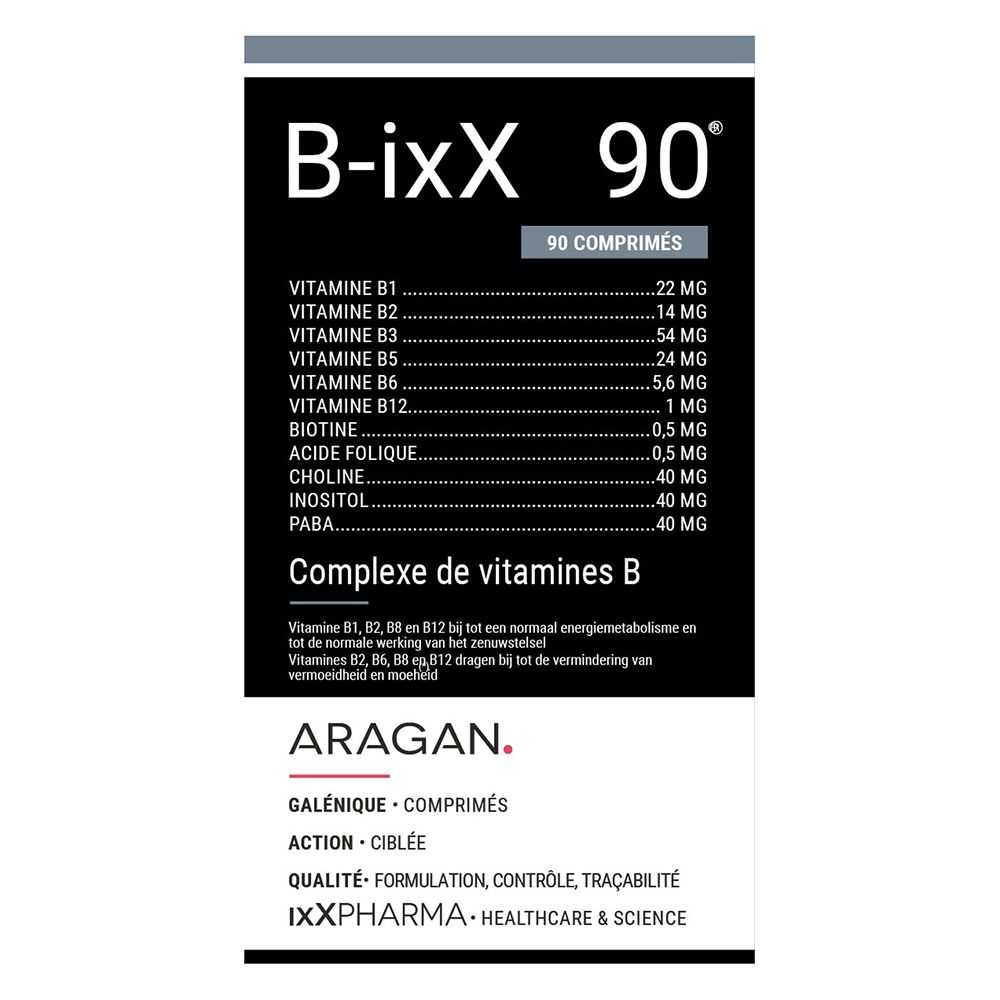 Boîte noire B-ixX, 90 comprimés, complexe de vitamines B. Design dégradé.