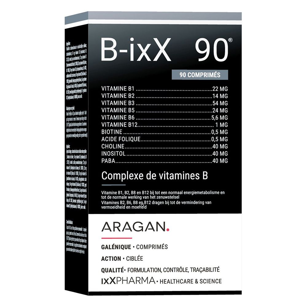 Flacon marron B-ixX, comprimés. Bouchon orange. Texte: Complexe vitamine B.