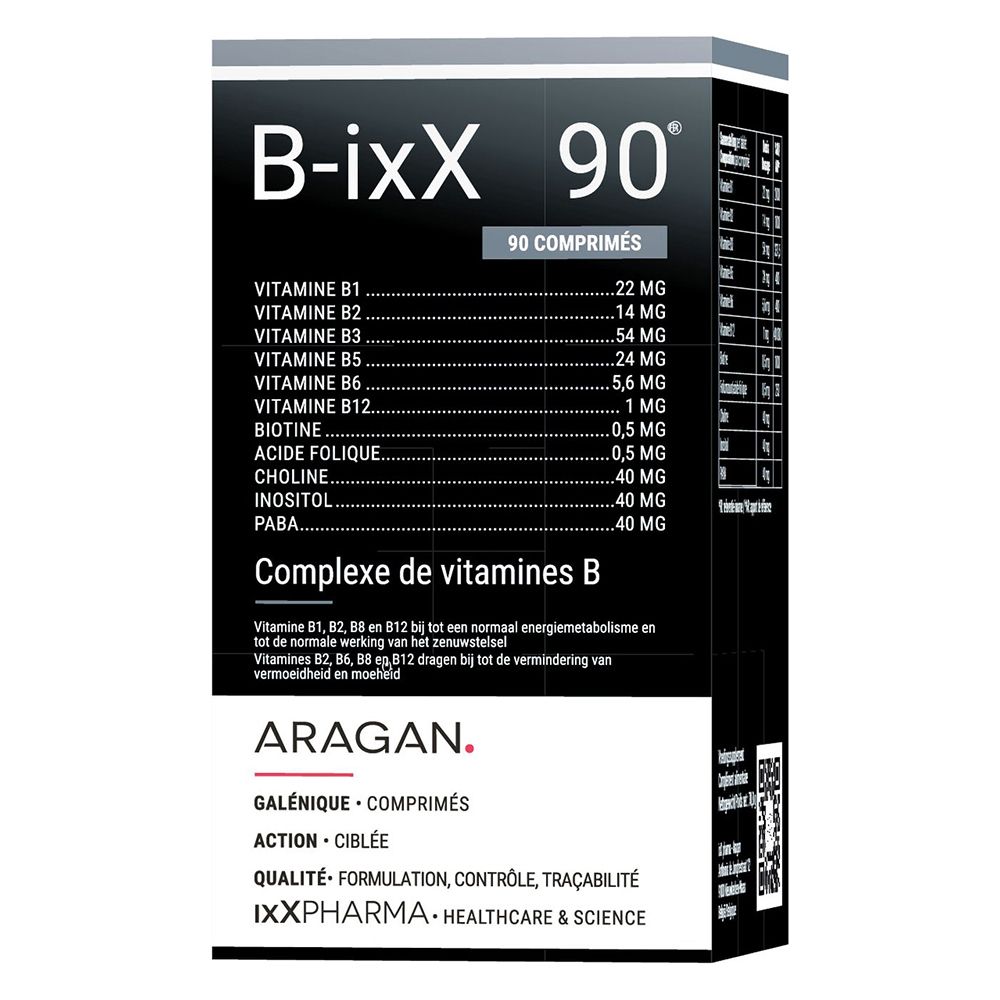 Dos du flacon marron B-ixX, comprimés. Texte: Conseils d'utilisation.