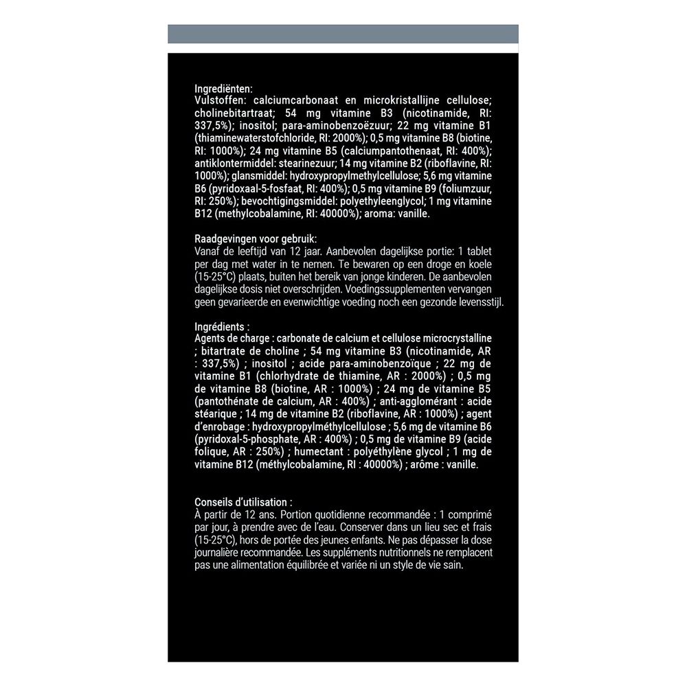 Dos du flacon marron B-ixX, comprimés. Texte: Conseils d'utilisation.