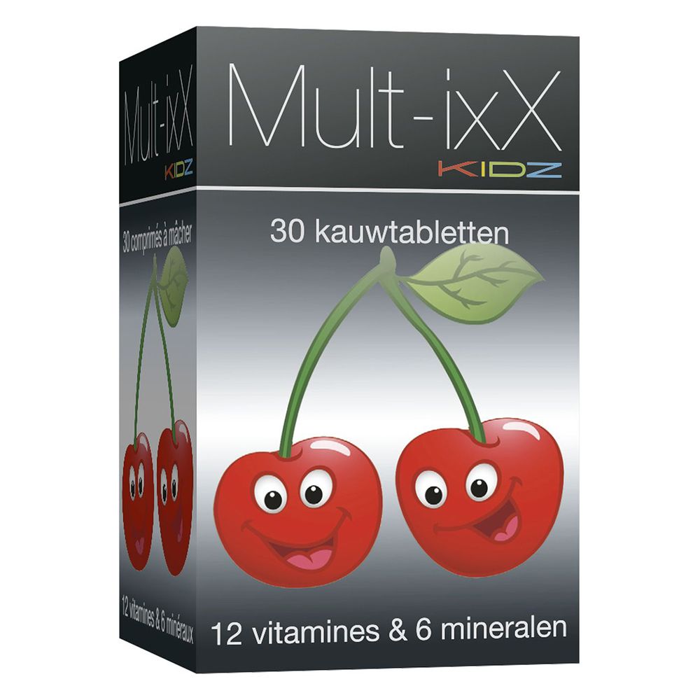 Doos Mult-ixX KIDZ. 30 kauwtabletten, 12 vitaminen & 6 mineralen. Illustratie van kersen.