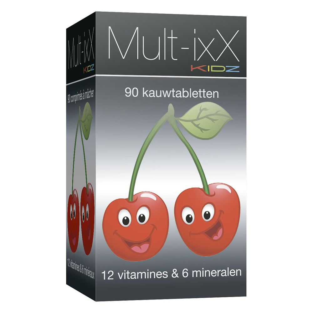 Doos Mult-ixX KIDZ. Illustratie van kersen. 90 kauwtabletten, 12 vitaminen & 6 mineralen.